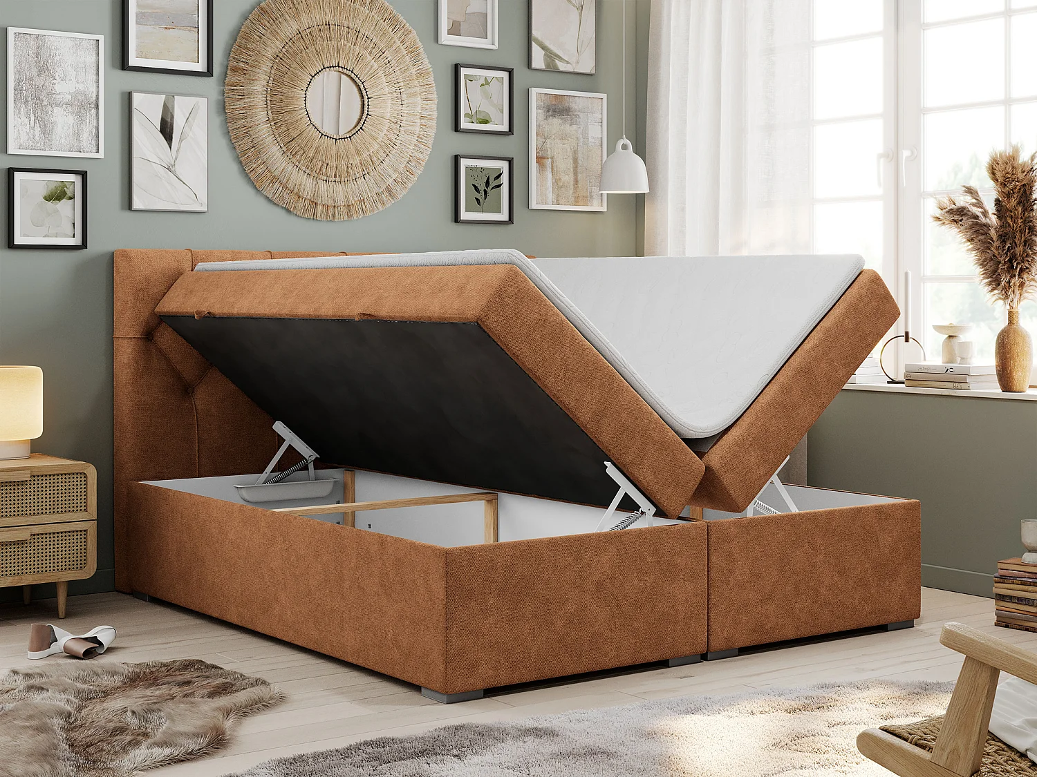 Boxspringbett ALDA - Doppelbett mit gestepptem Kopfteil, Multipocket-Matratze und Topper, zwei Bettkästen - 120x200 cm - H3 - Orange Strukture