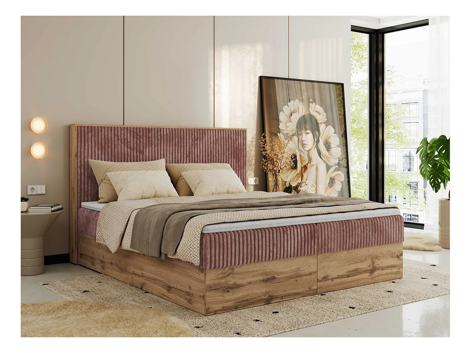 Boxspringbett WOOD CLASSIC - Doppelbett für Schlafzimmer, Set mit Multipocket-Matratze, Holzrahmen - 200x200 cm - H3 - Rosa Cord