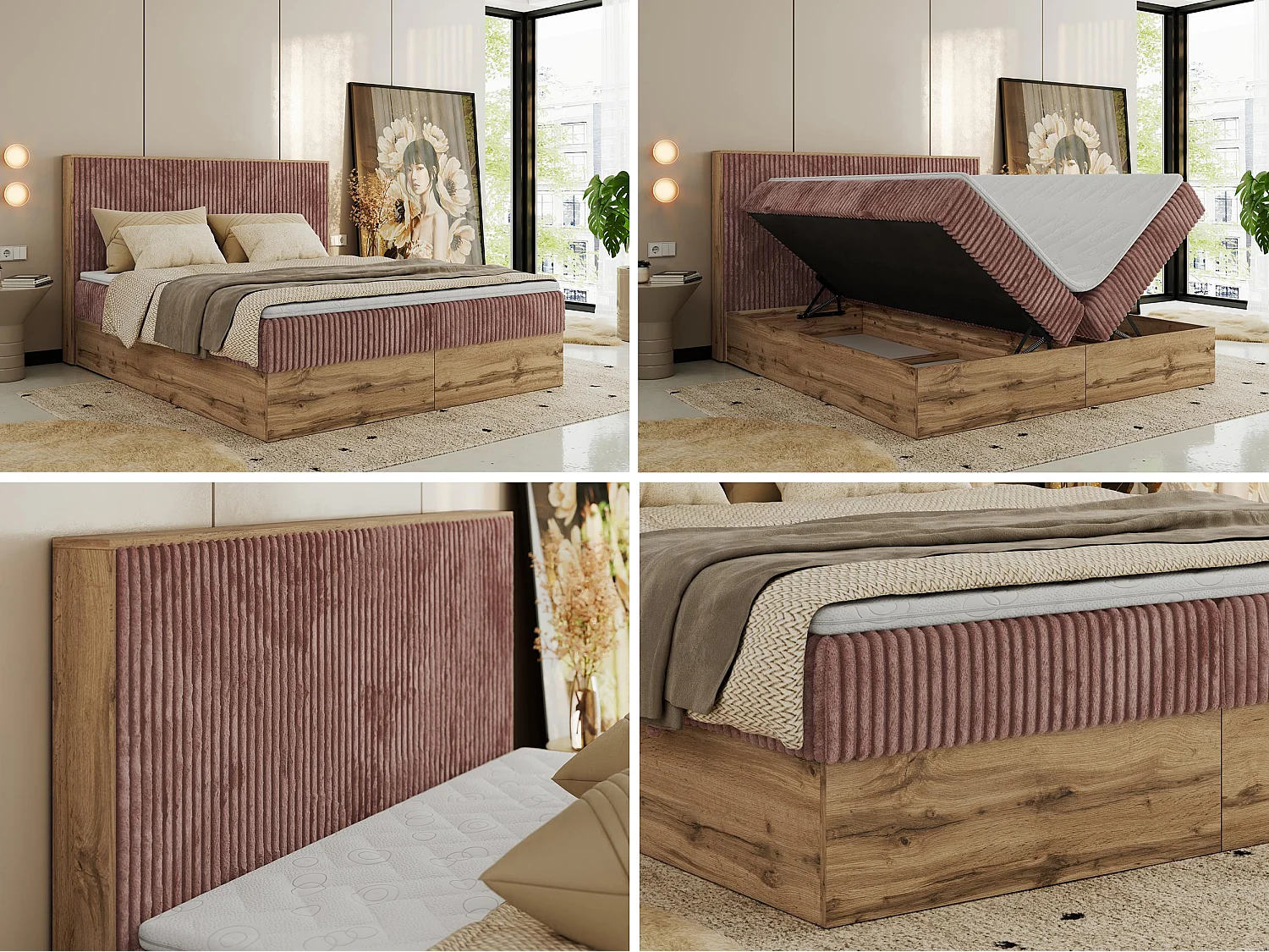 Boxspringbett WOOD CLASSIC - Doppelbett für Schlafzimmer, Set mit Multipocket-Matratze, Holzrahmen - 200x200 cm - H3 - Rosa Cord