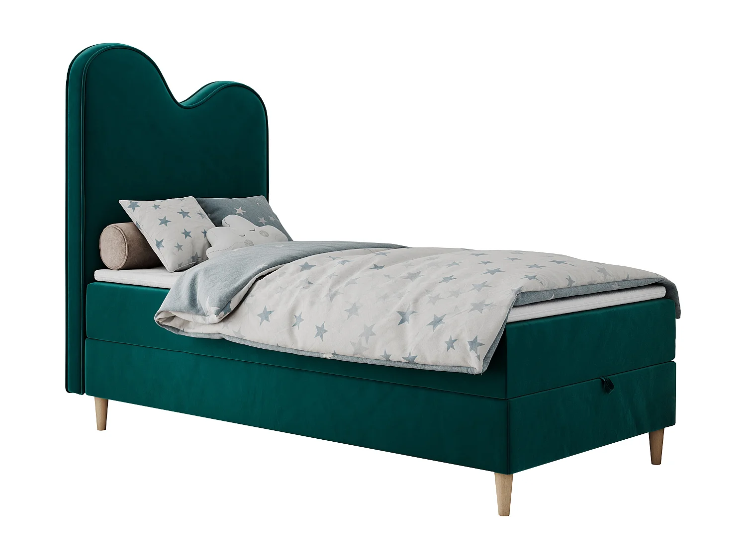 Kinderbett FLOW - Boxspringbett mit Stauraum, Einzelbett für Jugendliche, Bettkasten und hohe Kopfteil - 90x180 cm - Dunkelgrün Velvet