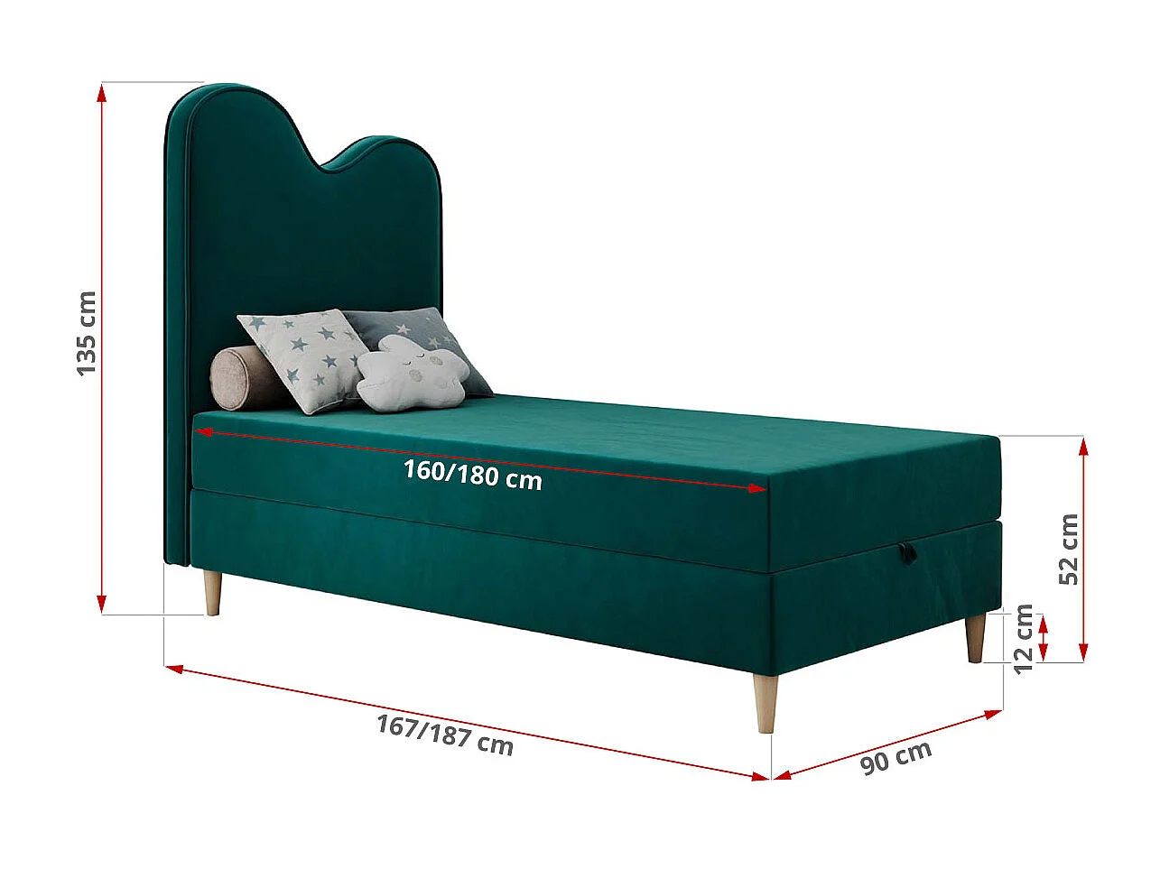 Kinderbett FLOW - Boxspringbett mit Stauraum, Einzelbett für Jugendliche, Bettkasten und hohe Kopfteil - 90x180 cm - Dunkelgrün Velvet