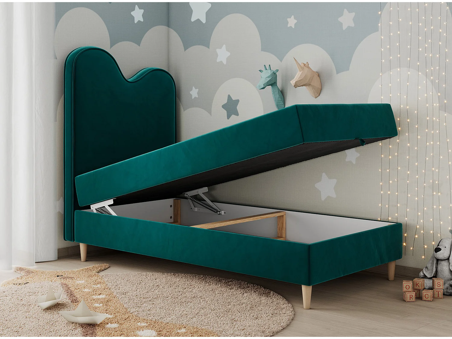 Kinderbett FLOW - Boxspringbett mit Stauraum, Einzelbett für Jugendliche, Bettkasten und hohe Kopfteil - 90x180 cm - Dunkelgrün Velvet