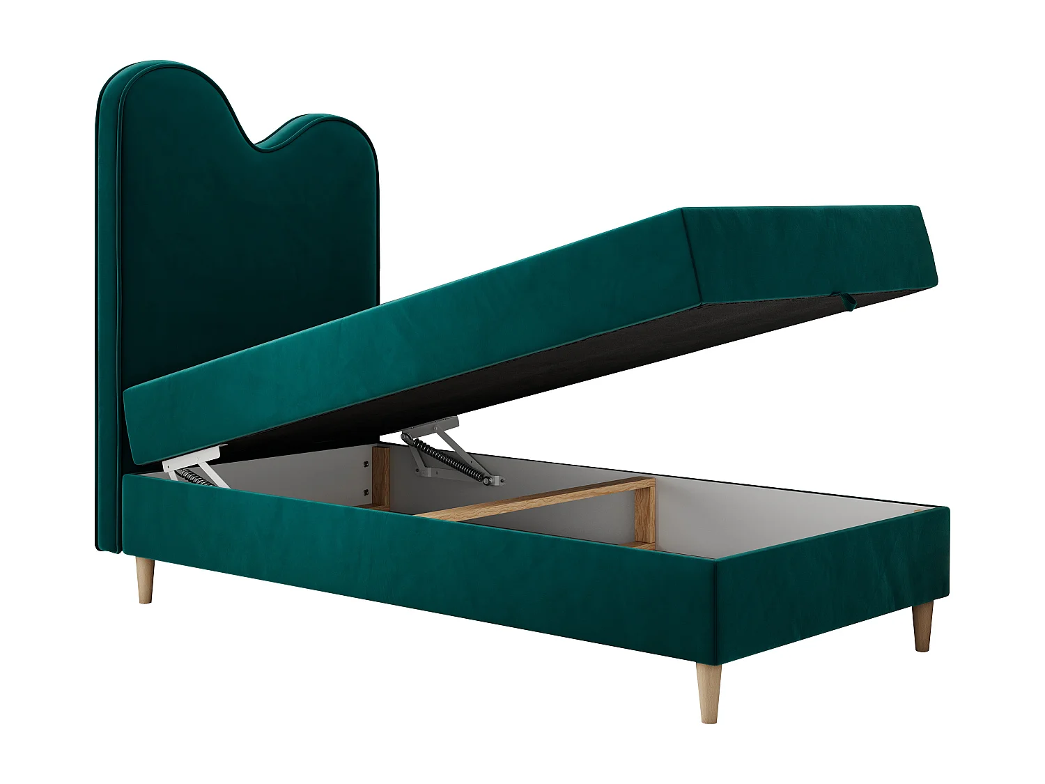 Kinderbett FLOW - Boxspringbett mit Stauraum, Einzelbett für Jugendliche, Bettkasten und hohe Kopfteil - 90x180 cm - Dunkelgrün Velvet