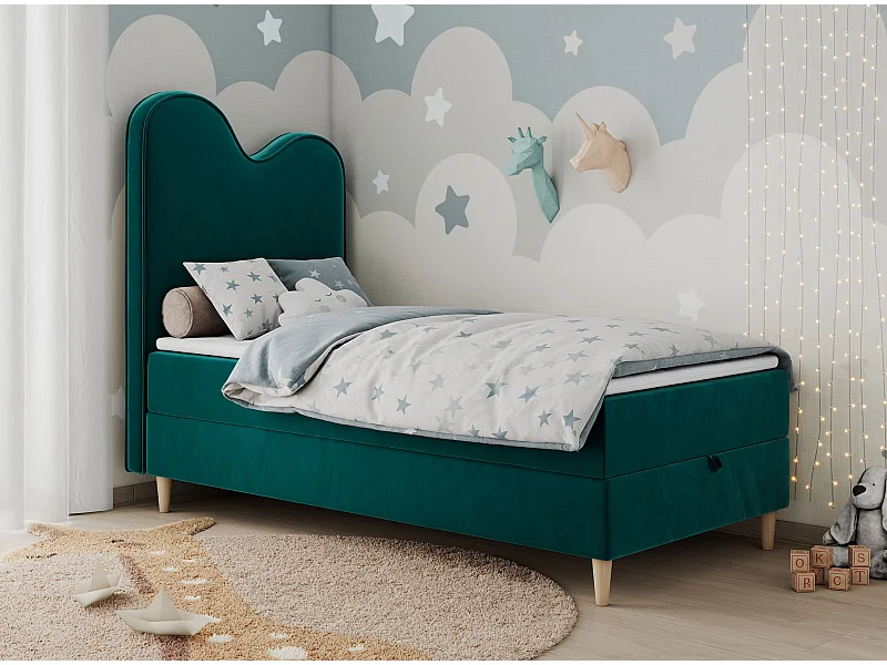 Kinderbett FLOW - Boxspringbett mit Stauraum, Einzelbett für Jugendliche, Bettkasten und hohe Kopfteil - 90x180 cm - Dunkelgrün Velvet