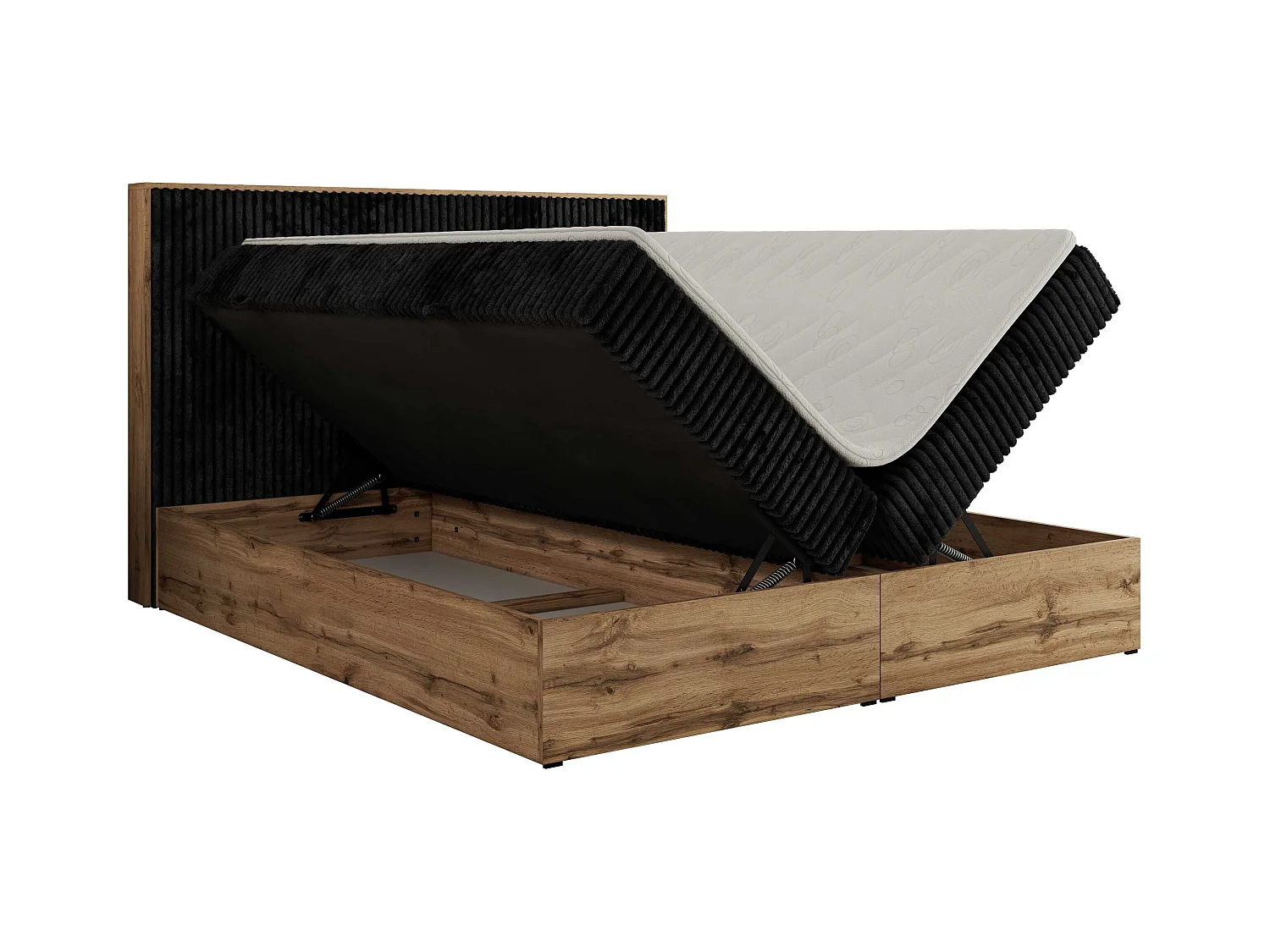 Boxspringbett WOOD CLASSIC - Doppelbett für Schlafzimmer, Set mit Multipocket-Matratze, Holzrahmen - 200x200 cm - H4 - Schwarz Cord