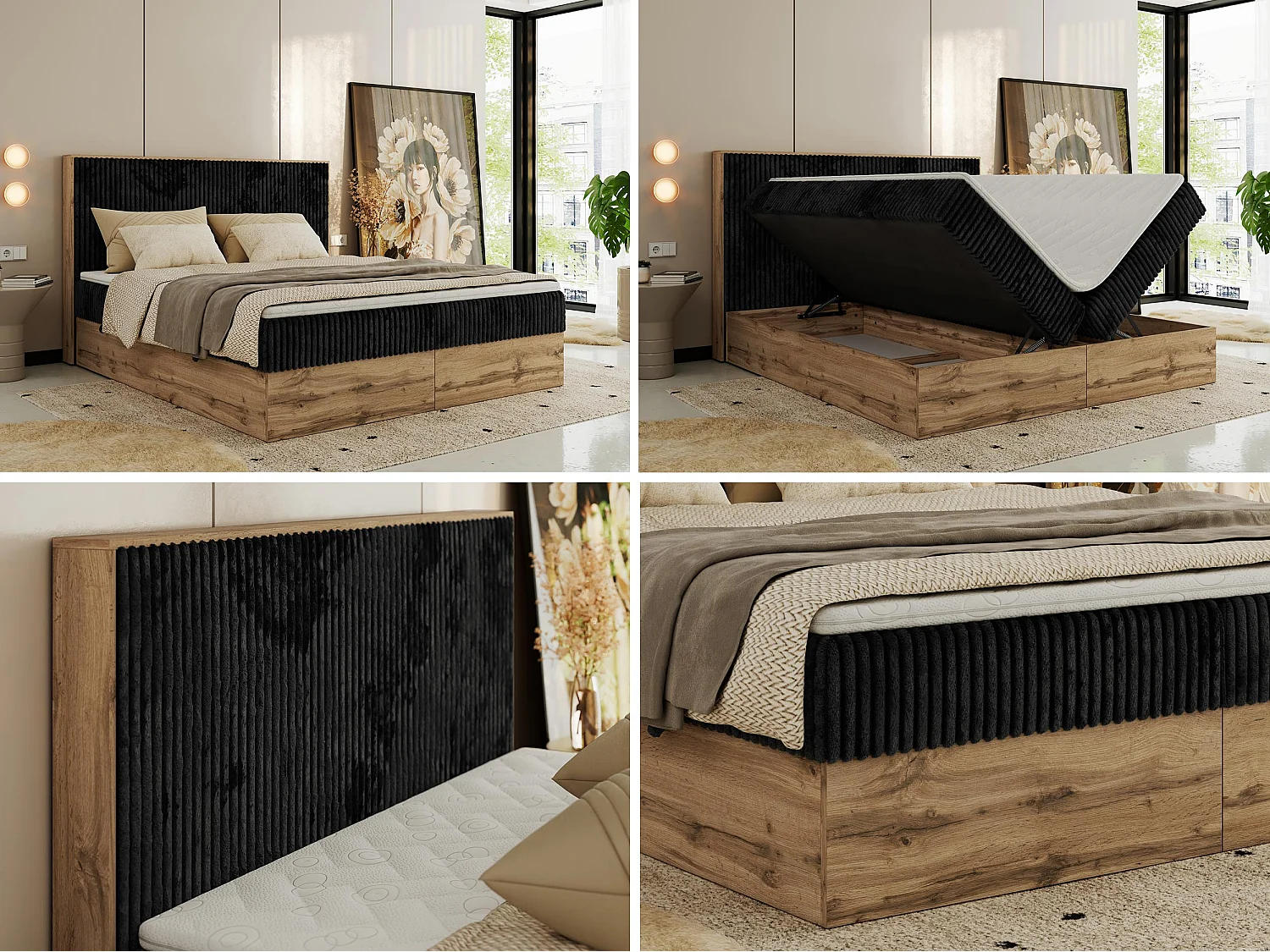 Boxspringbett WOOD CLASSIC - Doppelbett für Schlafzimmer, Set mit Multipocket-Matratze, Holzrahmen - 200x200 cm - H4 - Schwarz Cord