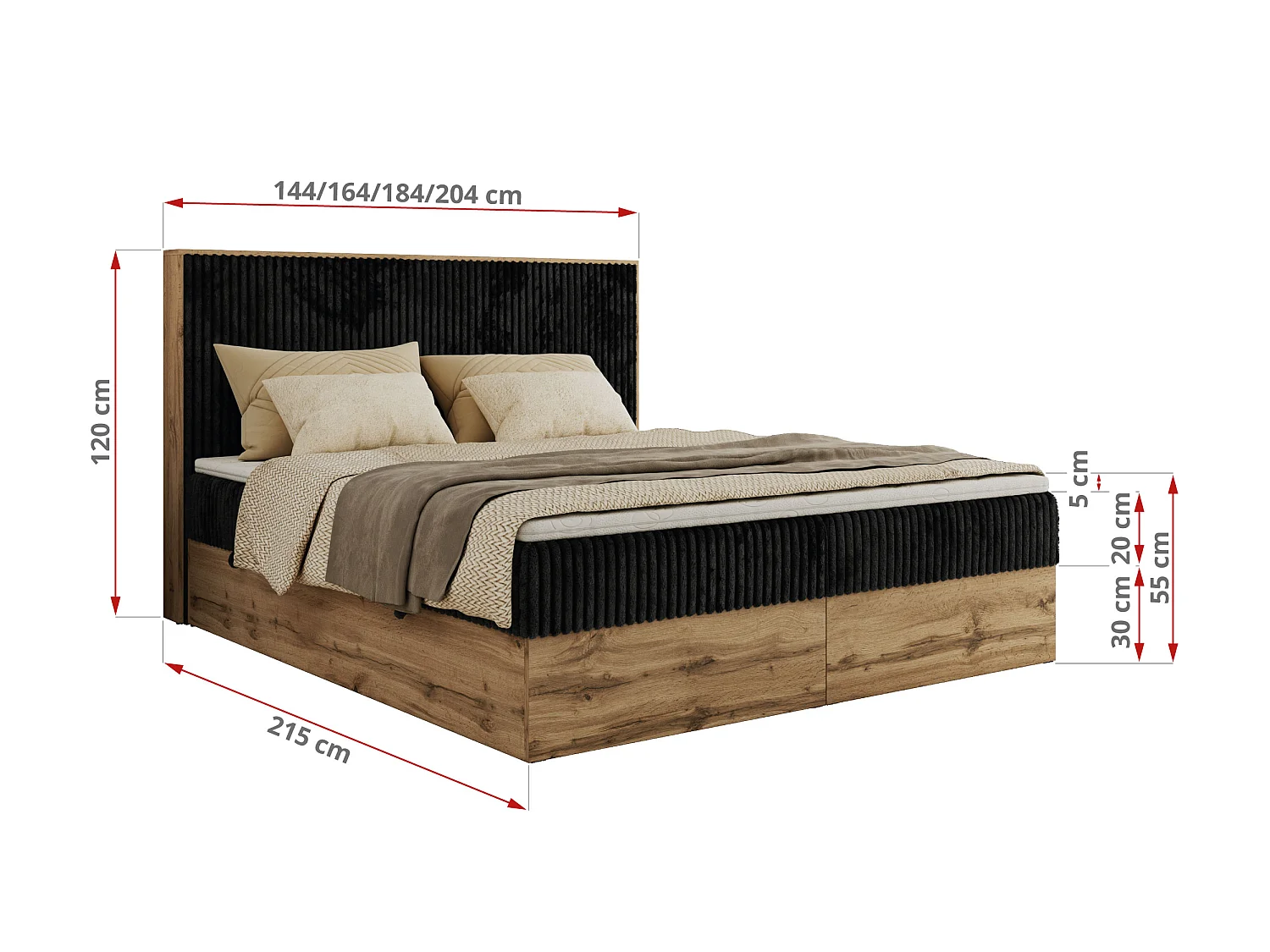 Lit boxspring - Dureté H4 + Topper T25 - Noir Velours côtelé - 200x200 - WOOD CLASSIC