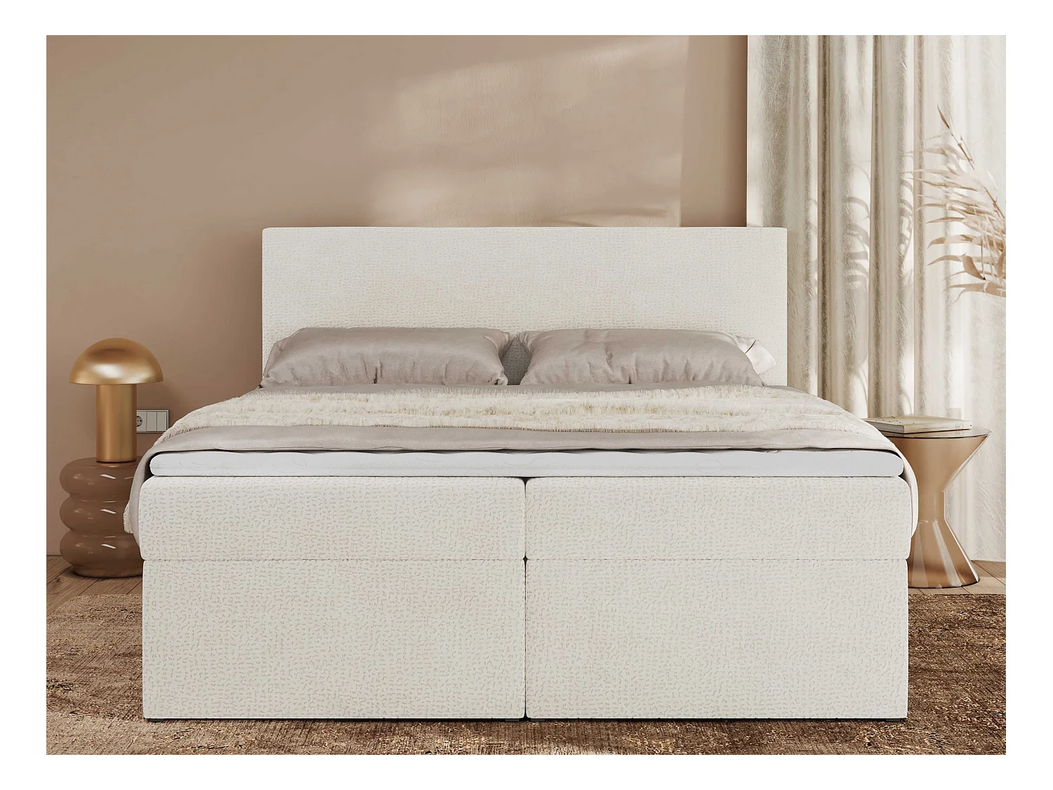 Boxspringbett JAGUAR - Doppelbett mit Multipocket-Matratze und Topper, Struktur dekostoff, zwei Bettkästen - 180x200 cm - H3 - Creme Struktur