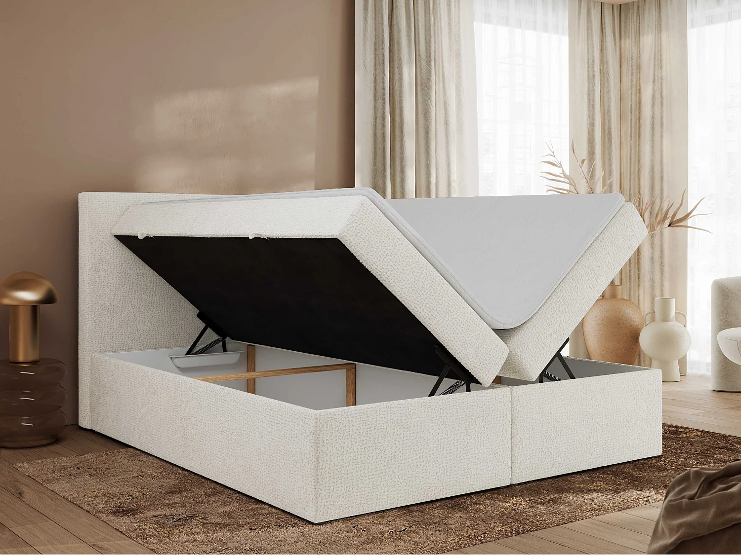Boxspringbett JAGUAR - Doppelbett mit Multipocket-Matratze und Topper, Struktur dekostoff, zwei Bettkästen - 180x200 cm - H3 - Creme Struktur