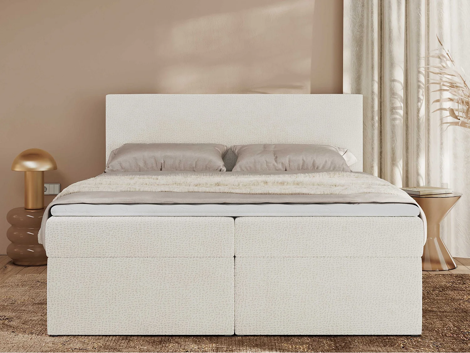 Boxspringbett JAGUAR - Doppelbett mit Multipocket-Matratze und Topper, Struktur dekostoff, zwei Bettkästen - 180x200 cm - H3 - Creme Struktur