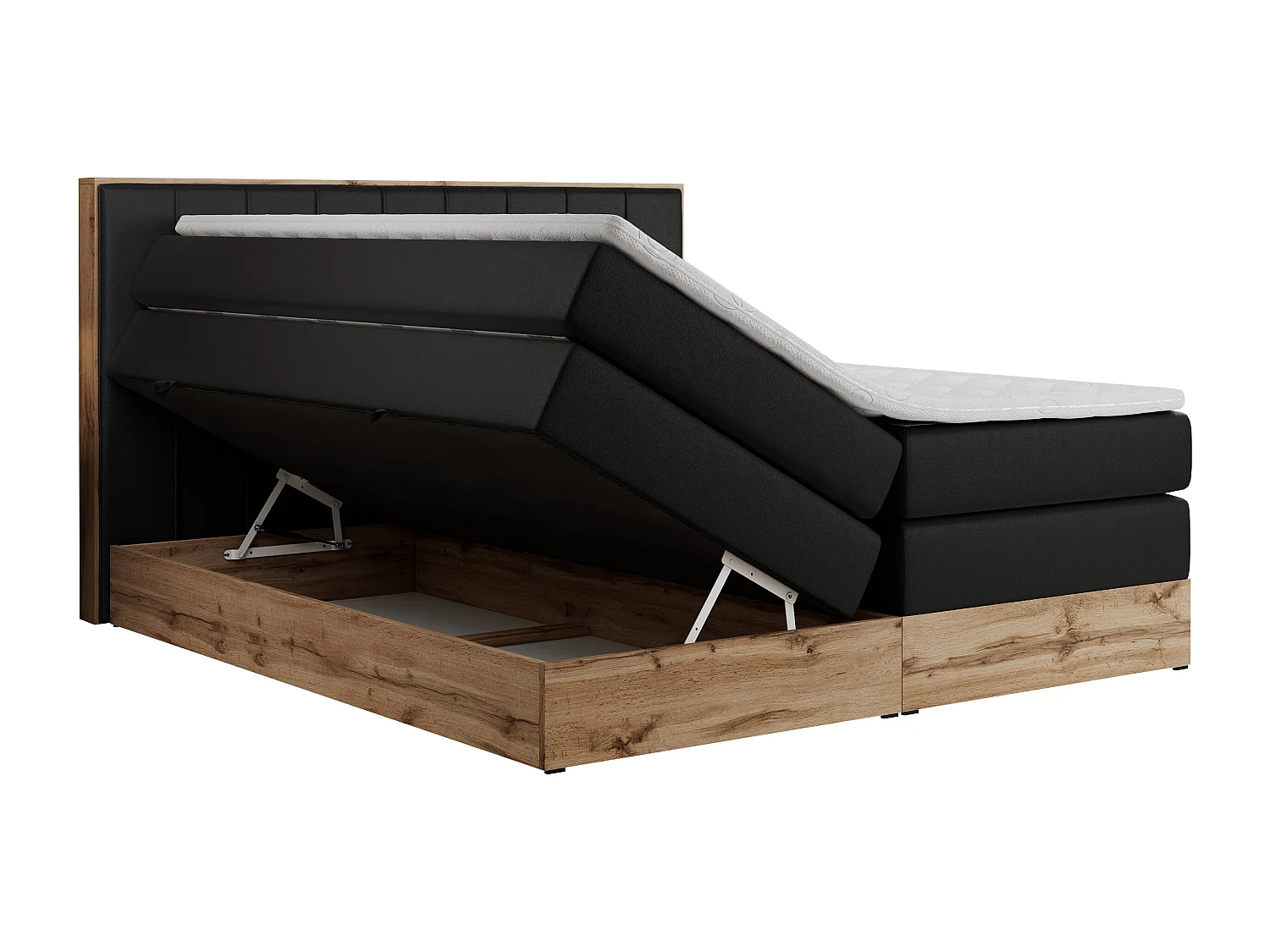 Boxspringbett BELLISSIMO KING - für Schlafzimmer, zwei Multipocket-Matratzen, Set mit Kopfteil und Topper, Holzrahmen - 180x200 cm - H3 - Schwarz Kunstleder