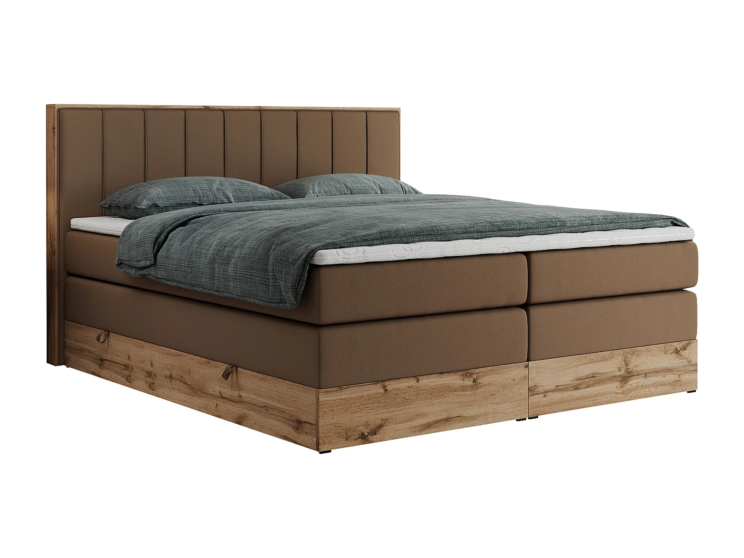 Boxspringbett BELLISSIMO KING - für Schlafzimmer, zwei Multipocket-Matratzen, Set mit Kopfteil und Topper, Holzrahmen - 140x200 cm - H3 - Braun Kunstleder