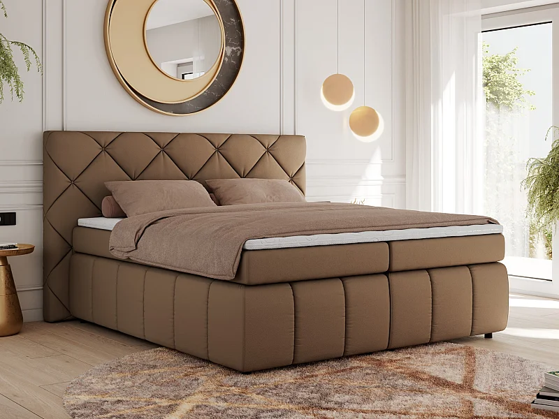 Boxspringbett RITA - Set mit Kopfteil, Multipocket-Matratze und Topper, Doppelbett für Schlafzimmer - 160x200 cm - H4 - Braun Kunstleder