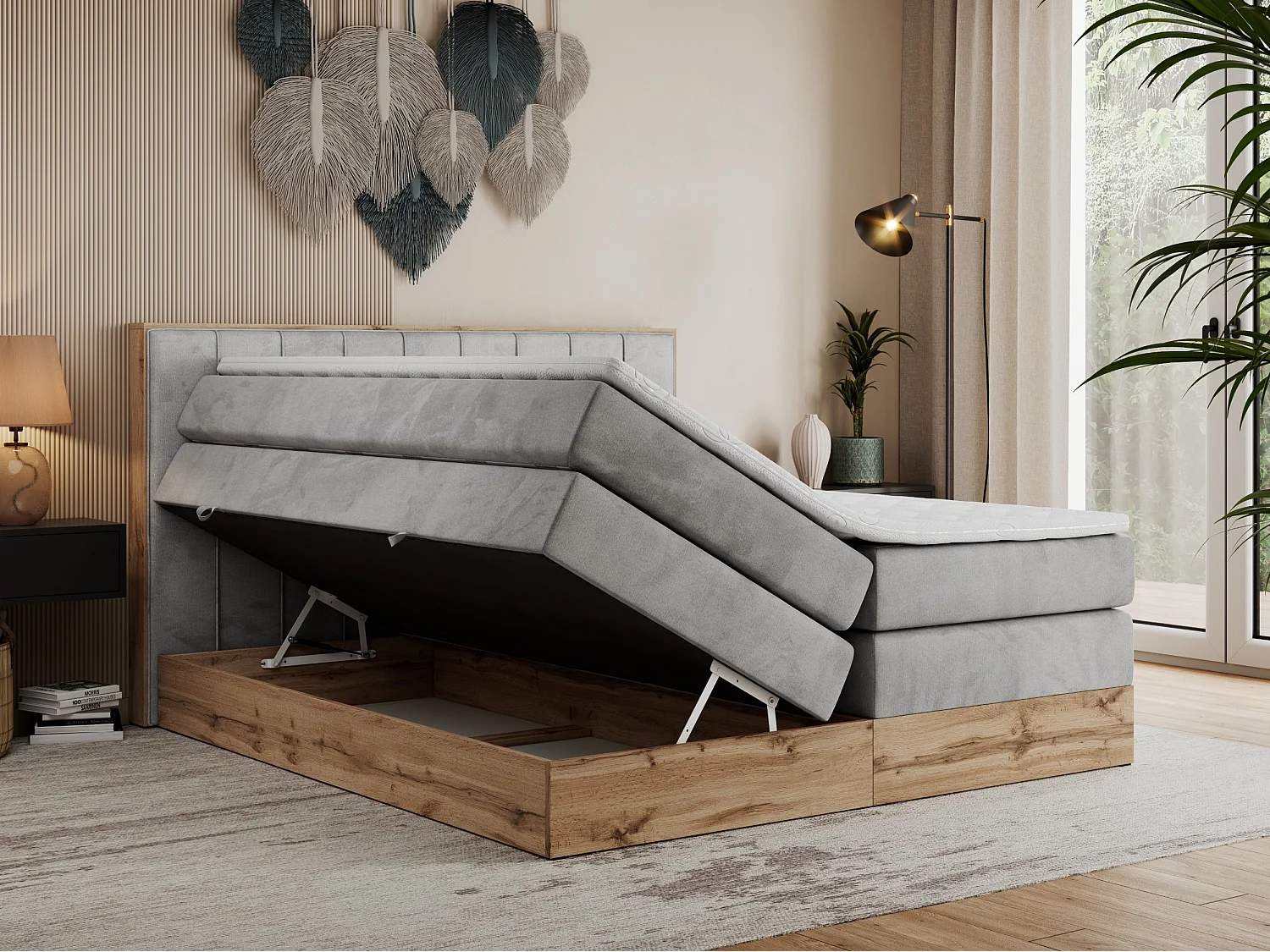 Boxspringbett BELLISSIMO KING - für Schlafzimmer, zwei Multipocket-Matratzen, Set mit Kopfteil und Topper, Holzrahmen - 140x200 cm - H4 - Hellgrau Velvet