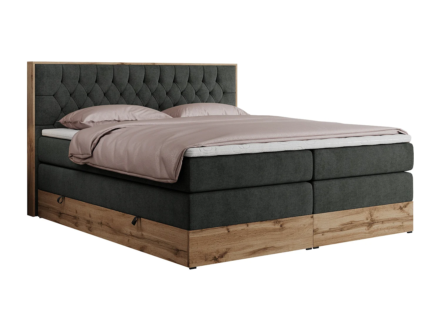 Boxspringbett AMORE KING - gesteppte Kopfstütze, Polsterbett mit zwei Multipocket-Matratzen, Holzrahmen - 180x200 cm - H3 - Dunkelgrau Strukture