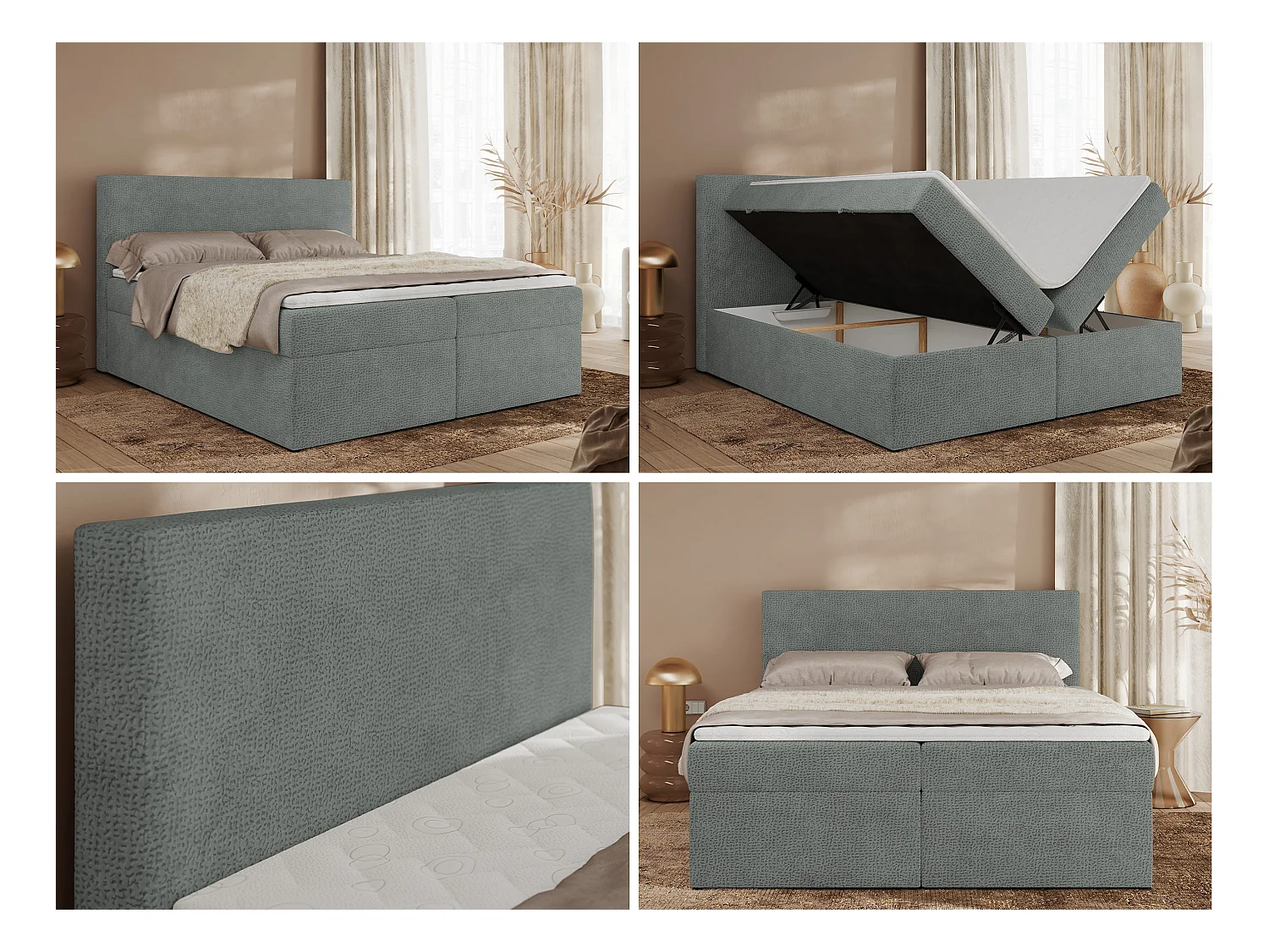 Boxspringbett JAGUAR - Doppelbett mit Multipocket-Matratze und Topper, Struktur dekostoff, zwei Bettkästen - 140x200 cm - H4 - Grau Struktur