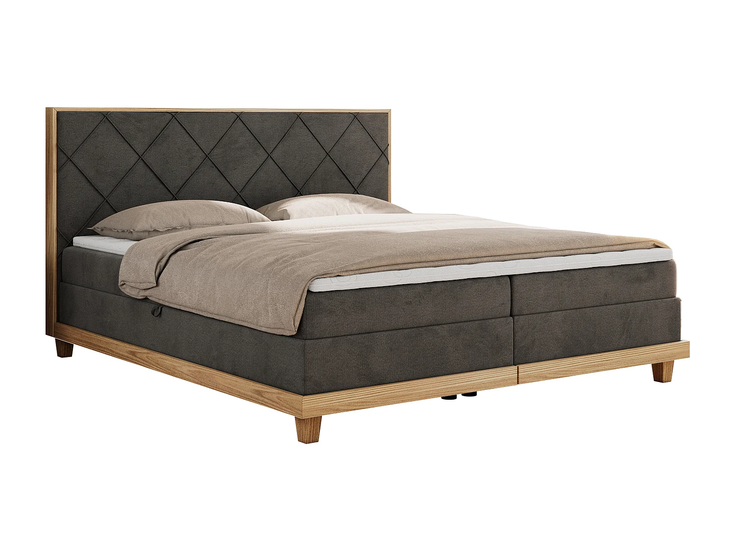 Boxspringbett CAICOS - mit gestepptem Kopfteil, Multipocket-Matratze und Topper, Holzelementen - 140x200 cm - H3 - Dunkelgrau Velvet
