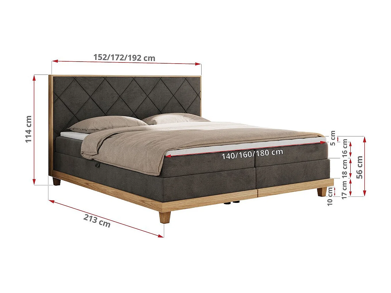 Boxspringbett CAICOS - mit gestepptem Kopfteil, Multipocket-Matratze und Topper, Holzelementen - 140x200 cm - H3 - Dunkelgrau Velvet