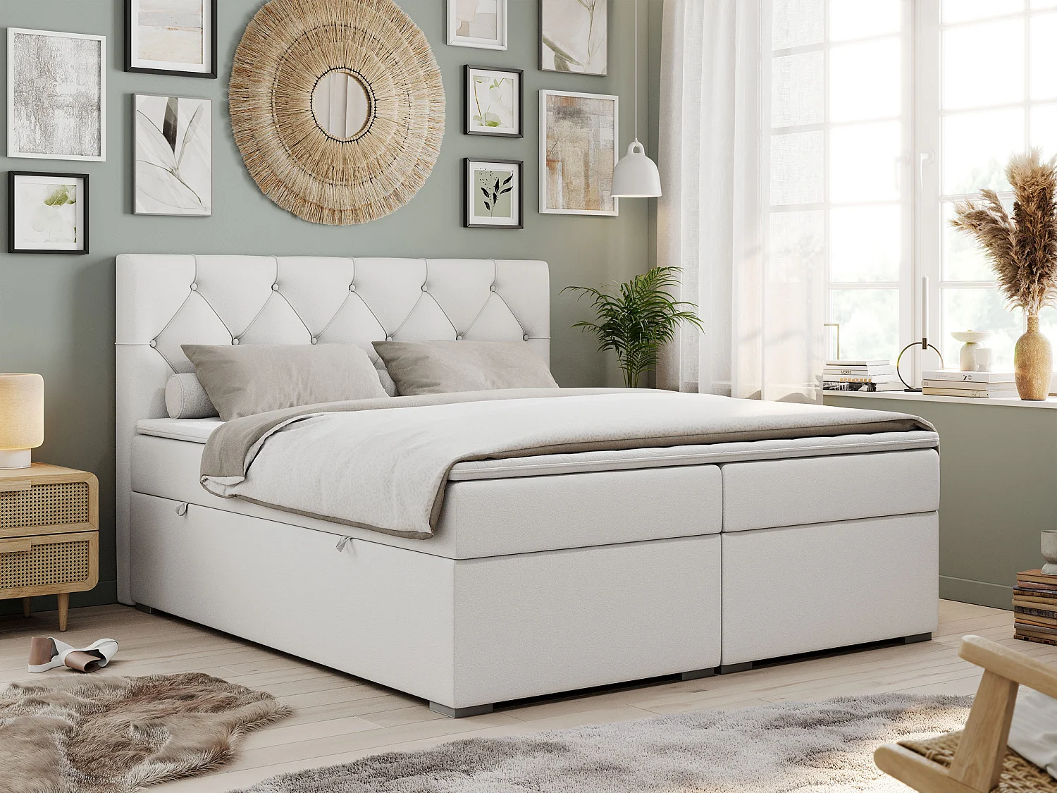 Boxspringbett ALDA - Doppelbett mit gestepptem Kopfteil, Multipocket-Matratze und Topper, zwei Bettkästen - 140x200 cm - H4 - Weiß Kunstleder