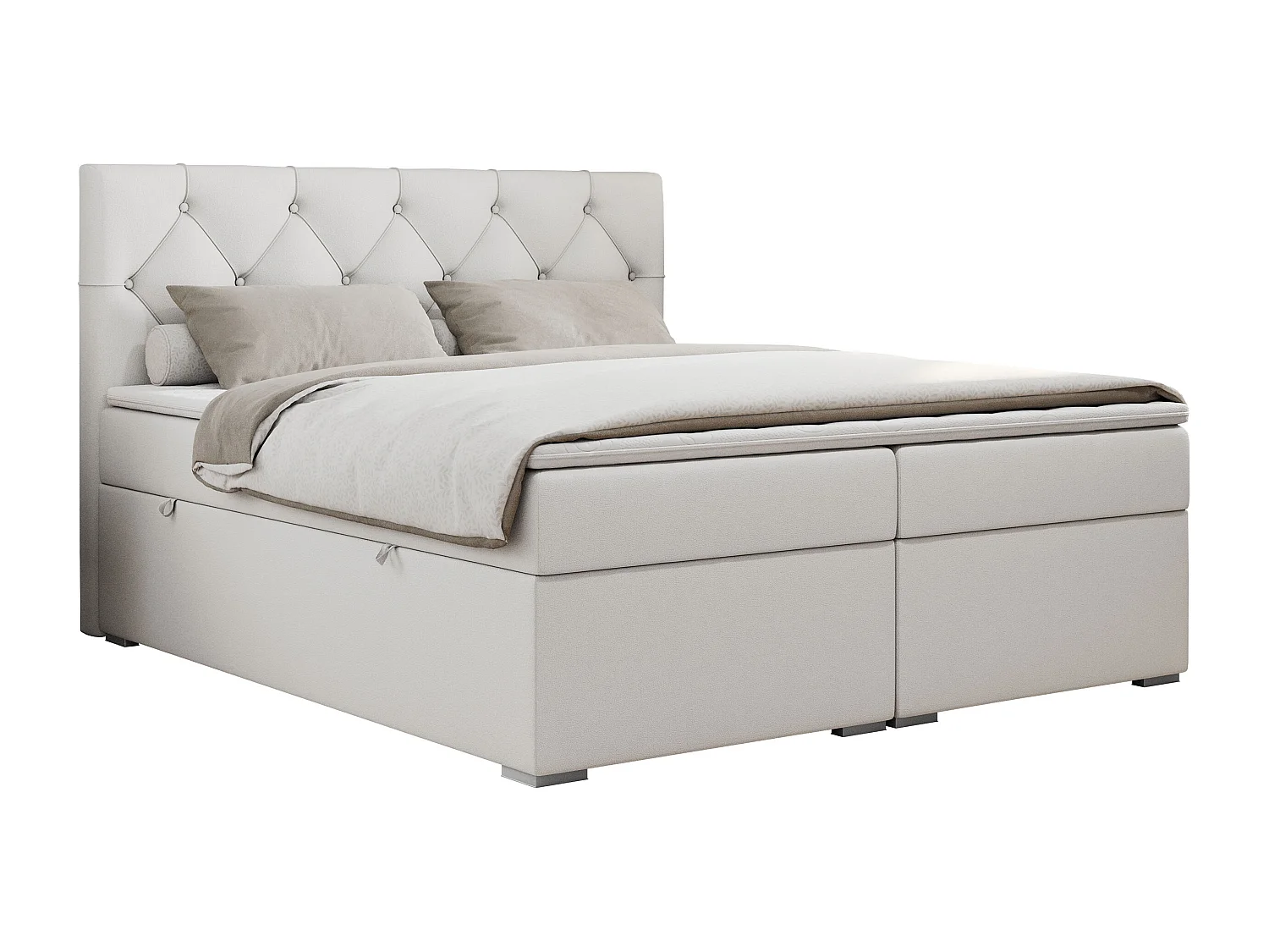 Boxspringbett ALDA - Doppelbett mit gestepptem Kopfteil, Multipocket-Matratze und Topper, zwei Bettkästen - 140x200 cm - H4 - Weiß Kunstleder