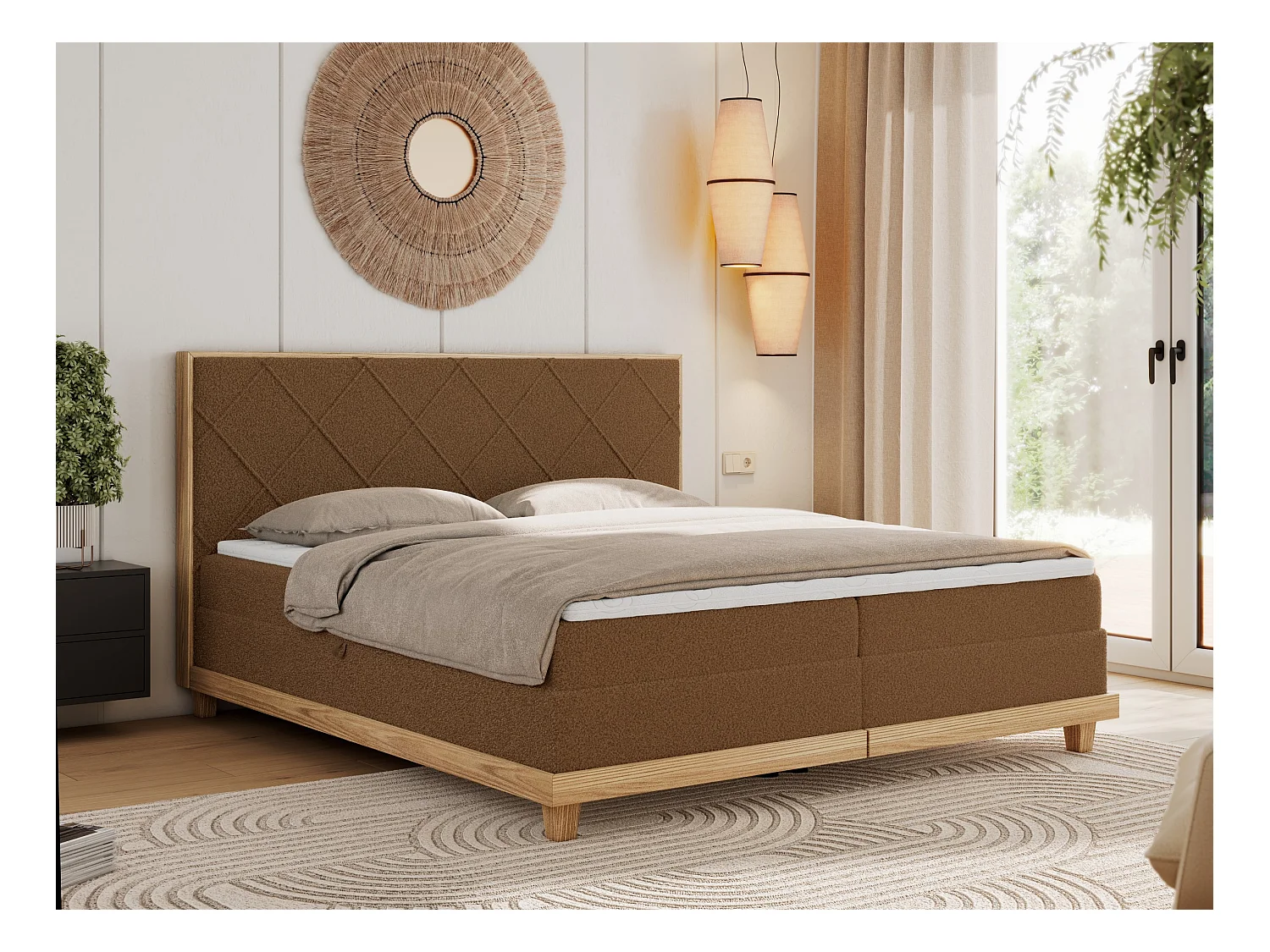 Boxspringbett CAICOS - mit gestepptem Kopfteil, Multipocket-Matratze und Topper, Holzelementen - 180x200 cm - H4 - Braun Boucle
