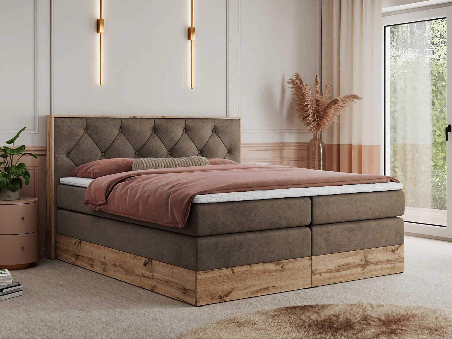 Boxspringbett VENETO KING - Polsterbett mit Multipocket-Matratzen und Kopfteil, Holzrahmen, zwei Bettkästen - 180x200 cm - H3 - Braun Velvet
