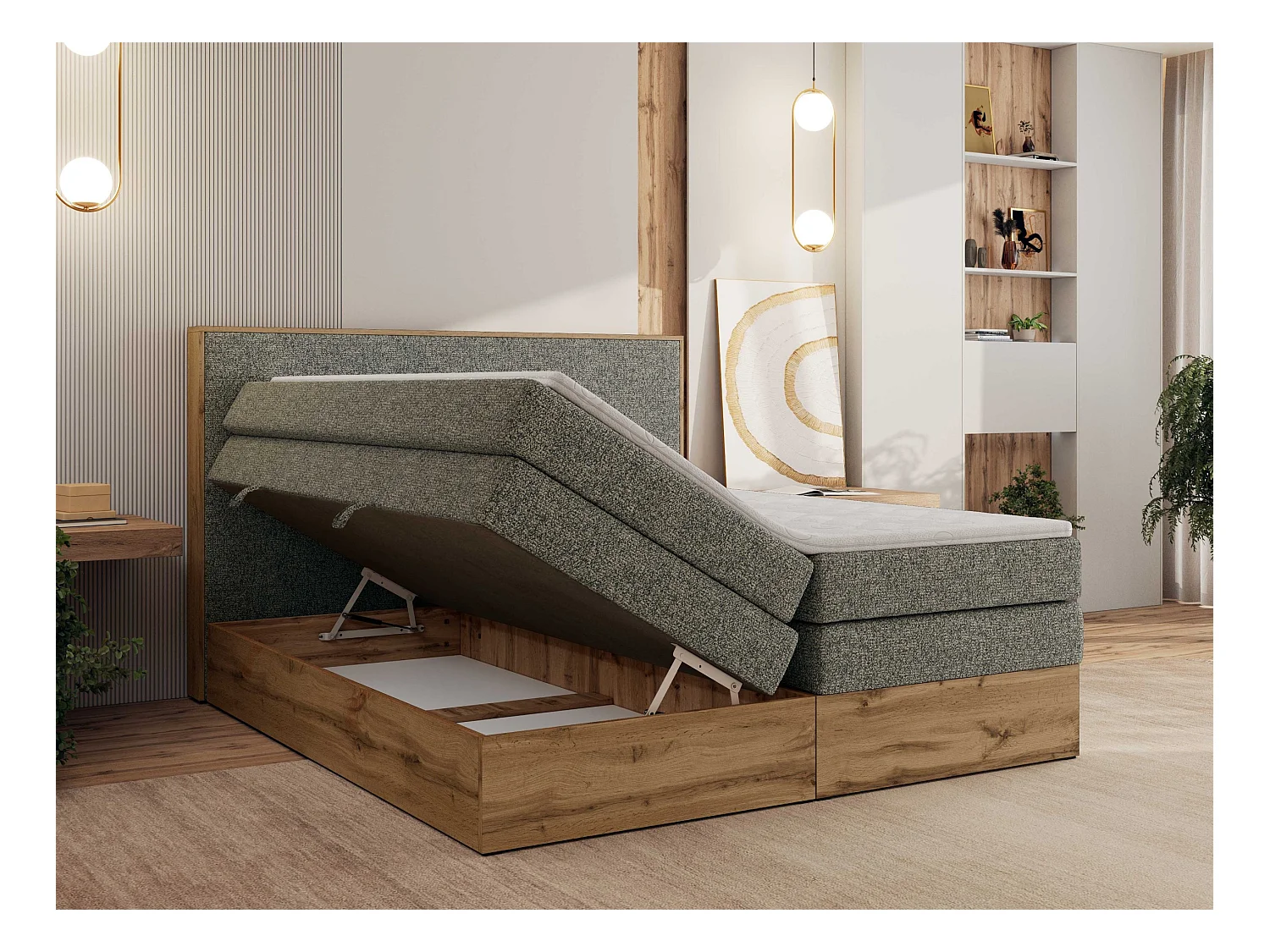 Boxspringbett WOOD CLASSIC KING - Polsterbett mit hohe Kopfteil, zwei Multipocket-Matratze, Bettkästen - 160x200 cm - H3 - Grau Strukture