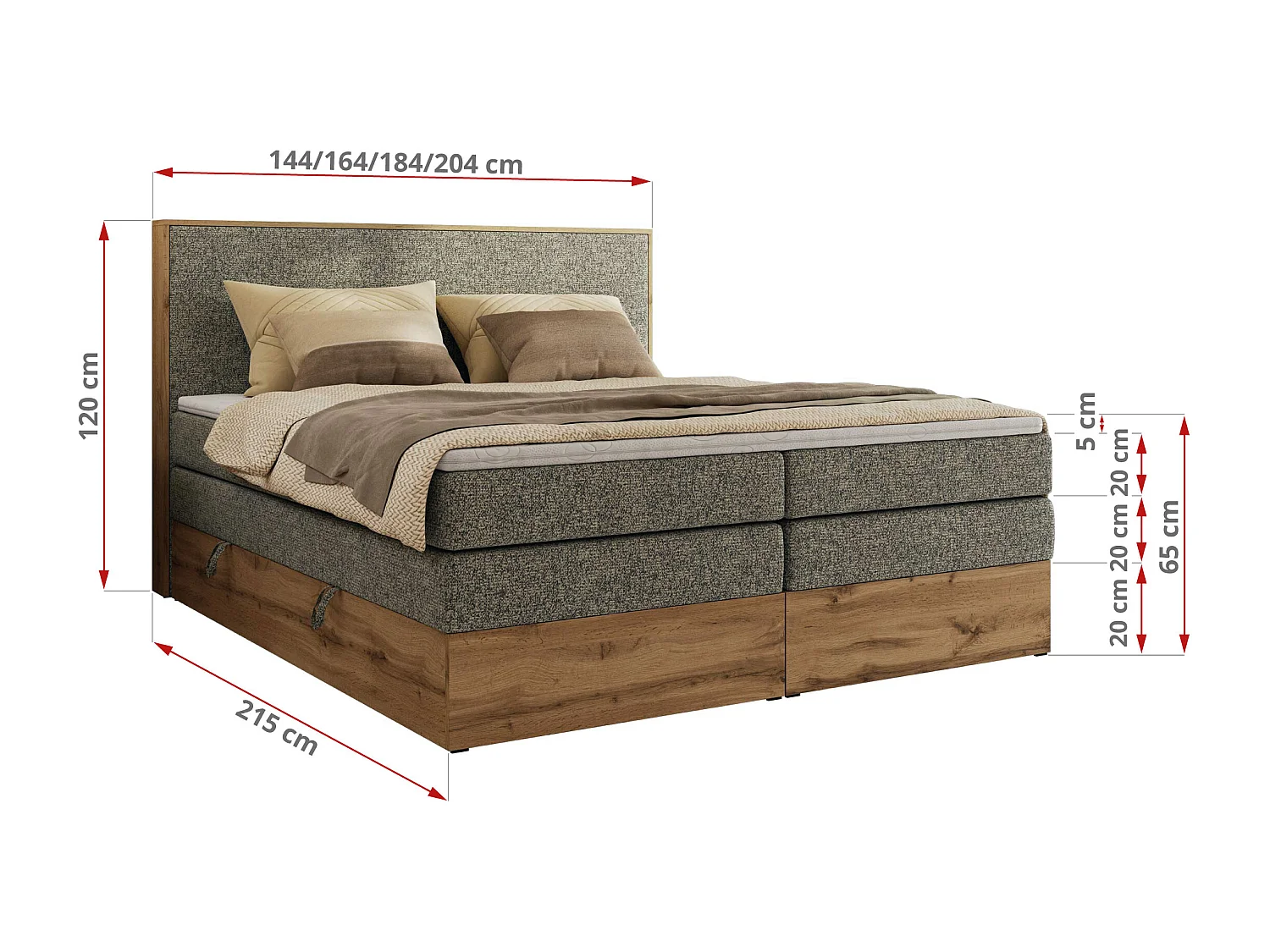Boxspringbett WOOD CLASSIC KING - Polsterbett mit hohe Kopfteil, zwei Multipocket-Matratze, Bettkästen - 160x200 cm - H3 - Grau Strukture