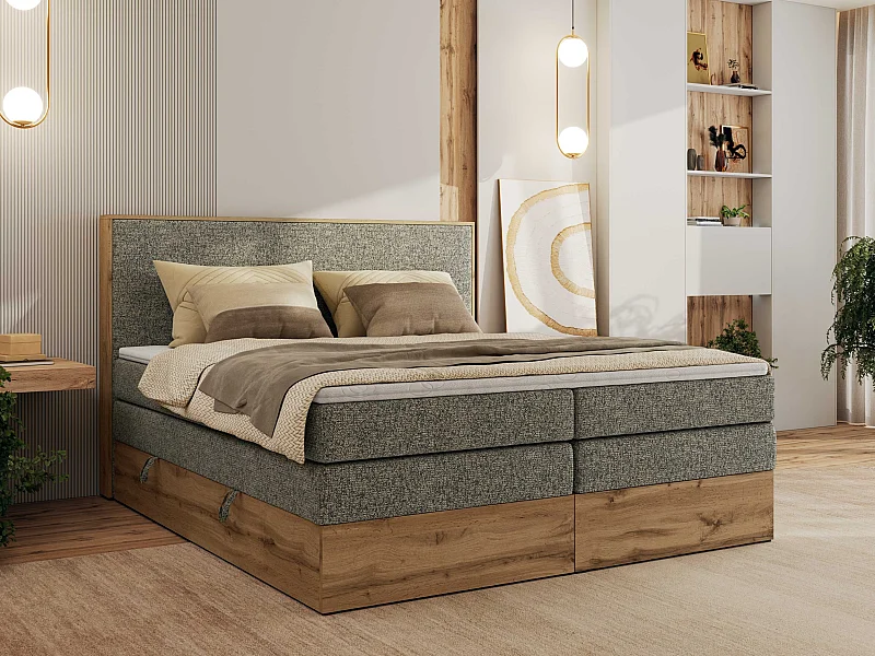 Boxspringbett WOOD CLASSIC KING - Polsterbett mit hohe Kopfteil, zwei Multipocket-Matratze, Bettkästen - 160x200 cm - H3 - Grau Strukture