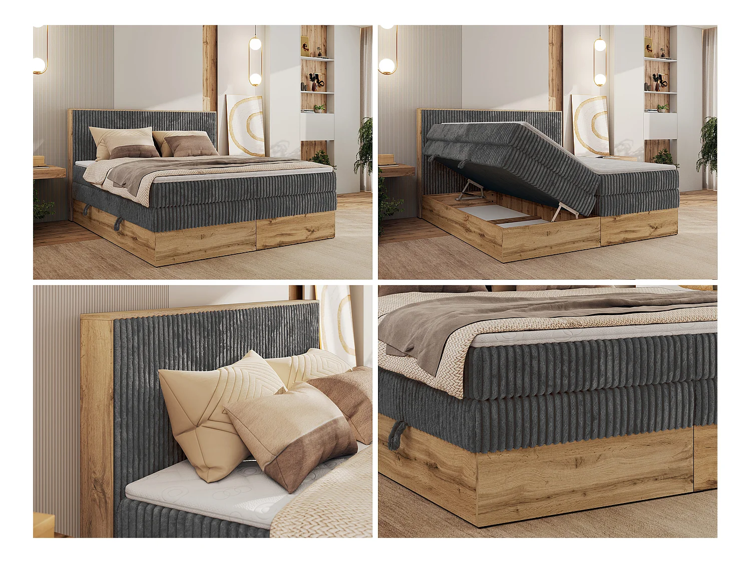 Boxspringbett WOOD CLASSIC KING - Polsterbett mit hohe Kopfteil, zwei Multipocket-Matratze, Bettkästen - 180x200 cm - H3 - Grau Cord