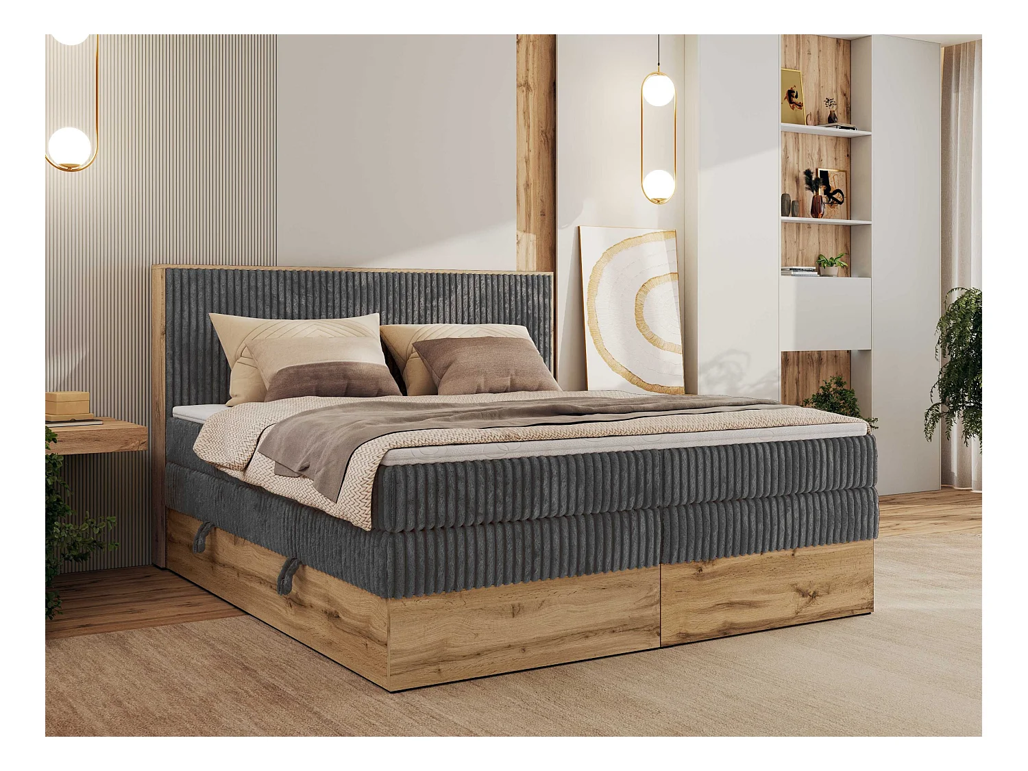 Boxspringbett WOOD CLASSIC KING - Polsterbett mit hohe Kopfteil, zwei Multipocket-Matratze, Bettkästen - 180x200 cm - H3 - Grau Cord
