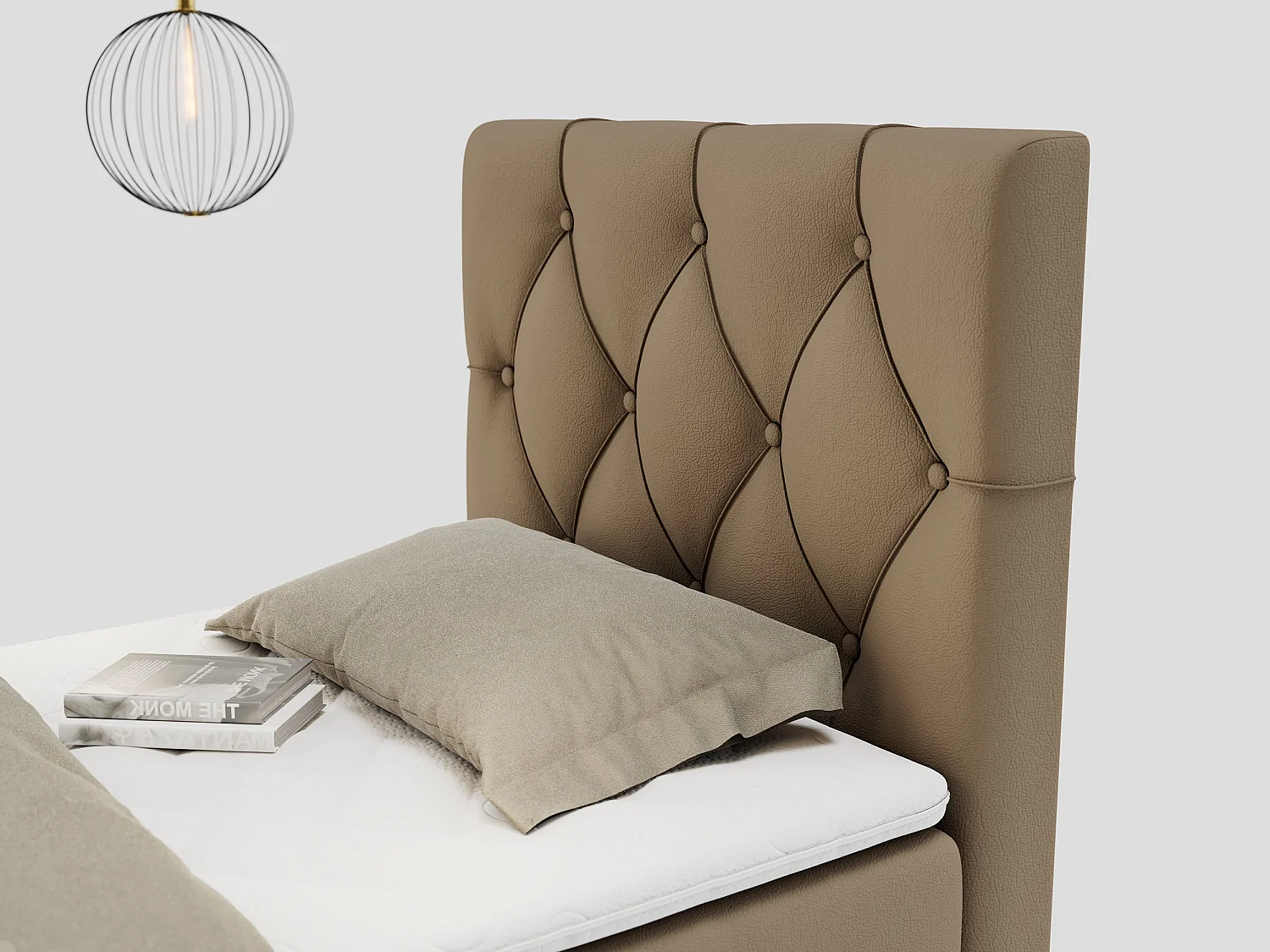 Boxspringbett ALDA - Einzelbett mit gestepptem Kopfteil, Multipocket-Matratze und Topper, Bettkasten - 90x200 cm - H4 - Braun Kunstleder - Rechts Seite