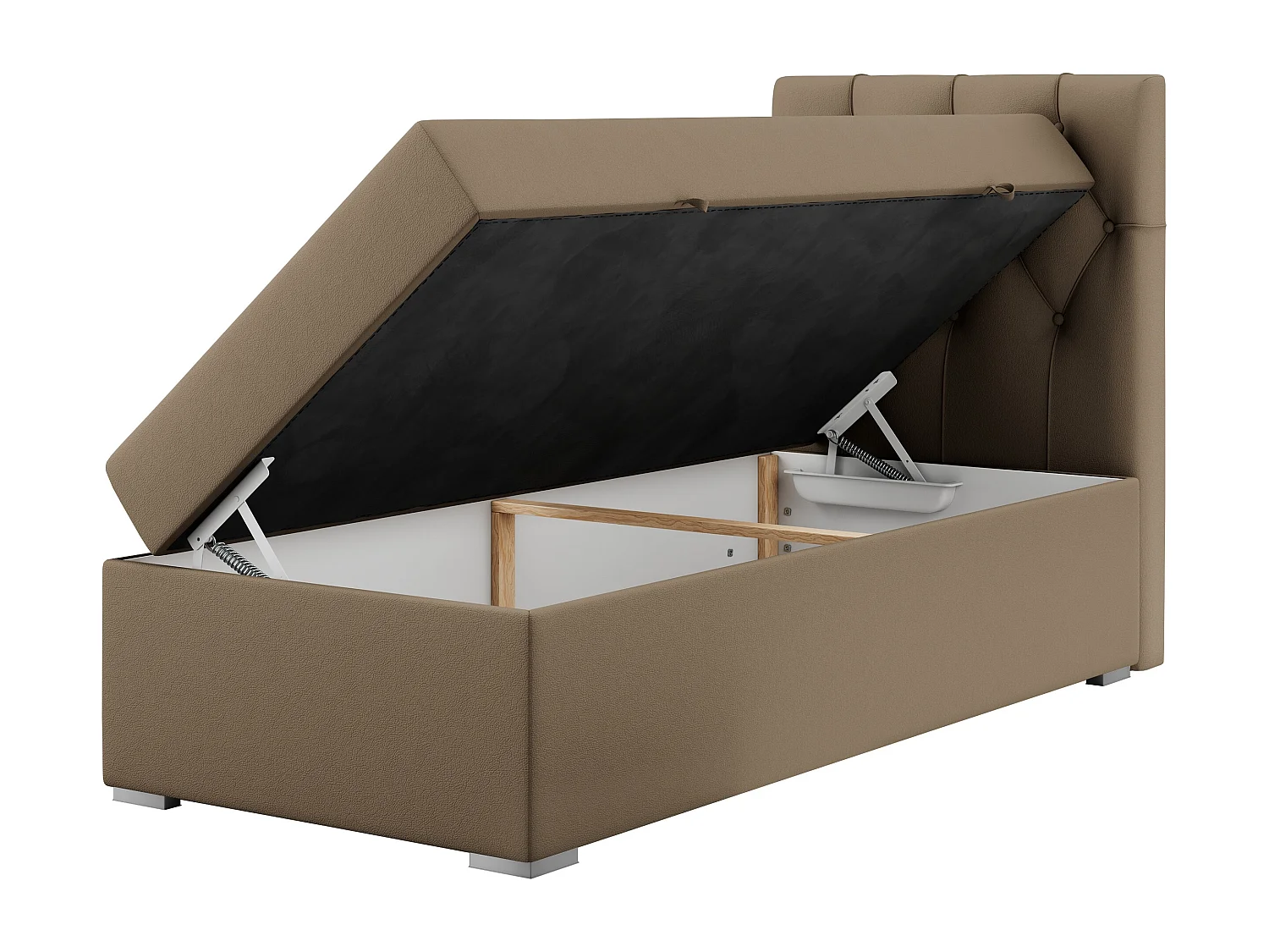 Boxspringbett ALDA - Einzelbett mit gestepptem Kopfteil, Multipocket-Matratze und Topper, Bettkasten - 90x200 cm - H4 - Braun Kunstleder - Rechts Seite