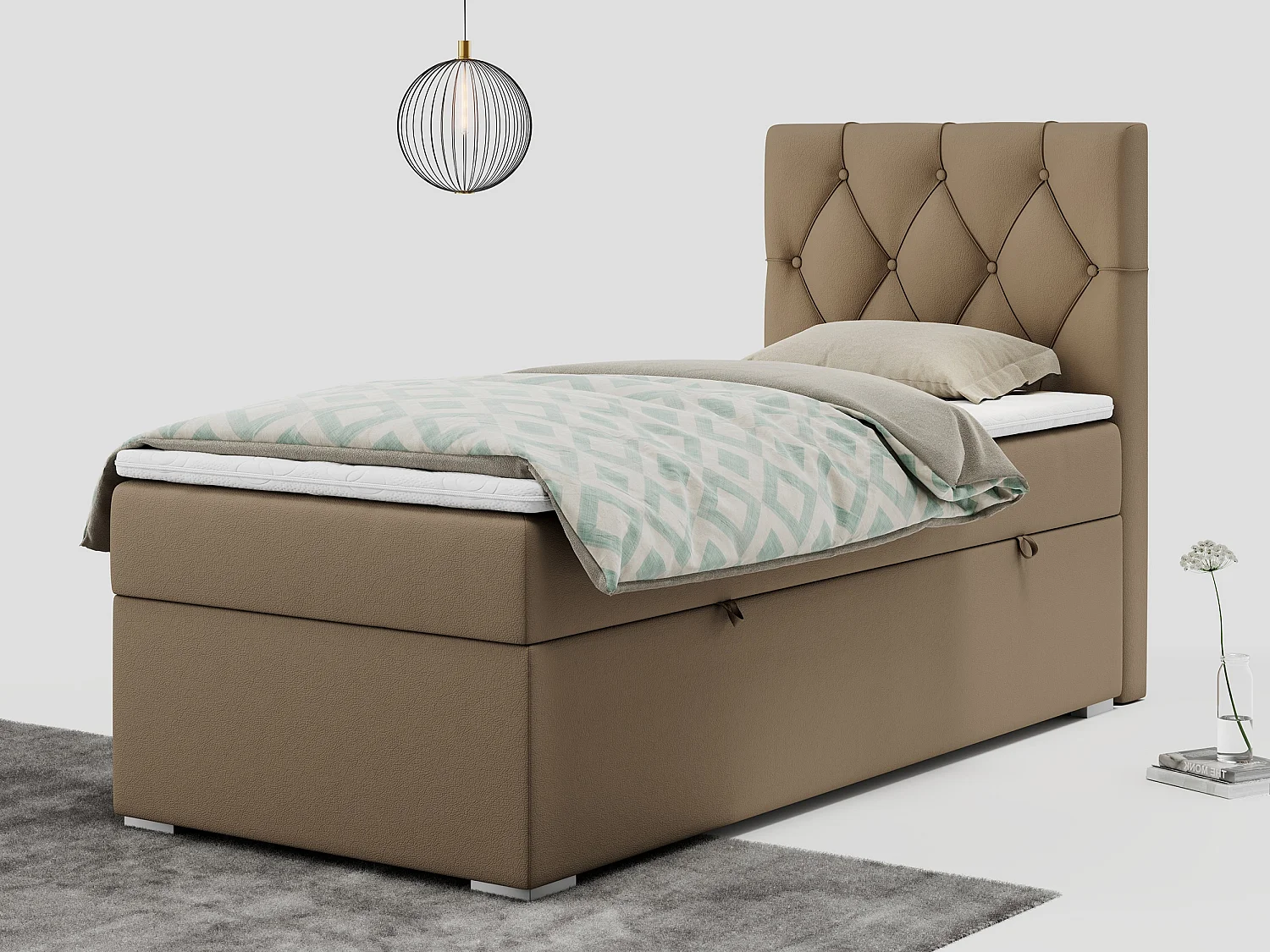 Boxspringbett ALDA - Einzelbett mit gestepptem Kopfteil, Multipocket-Matratze und Topper, Bettkasten - 90x200 cm - H4 - Braun Kunstleder - Rechts Seite
