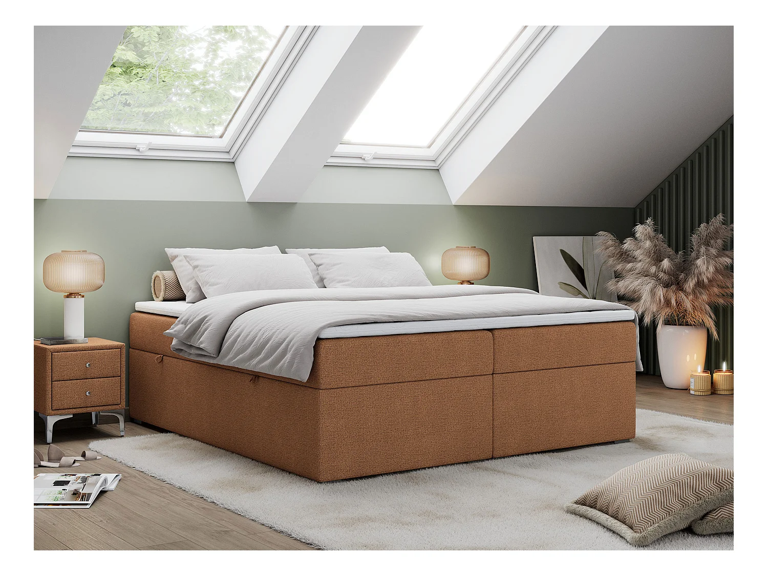 Boxspringbett BESS - Doppelbett mit Stauraum, Polsterbett, Multipocket-Matratzen und Topper - 180x200 cm - H4 - Orange Strukture