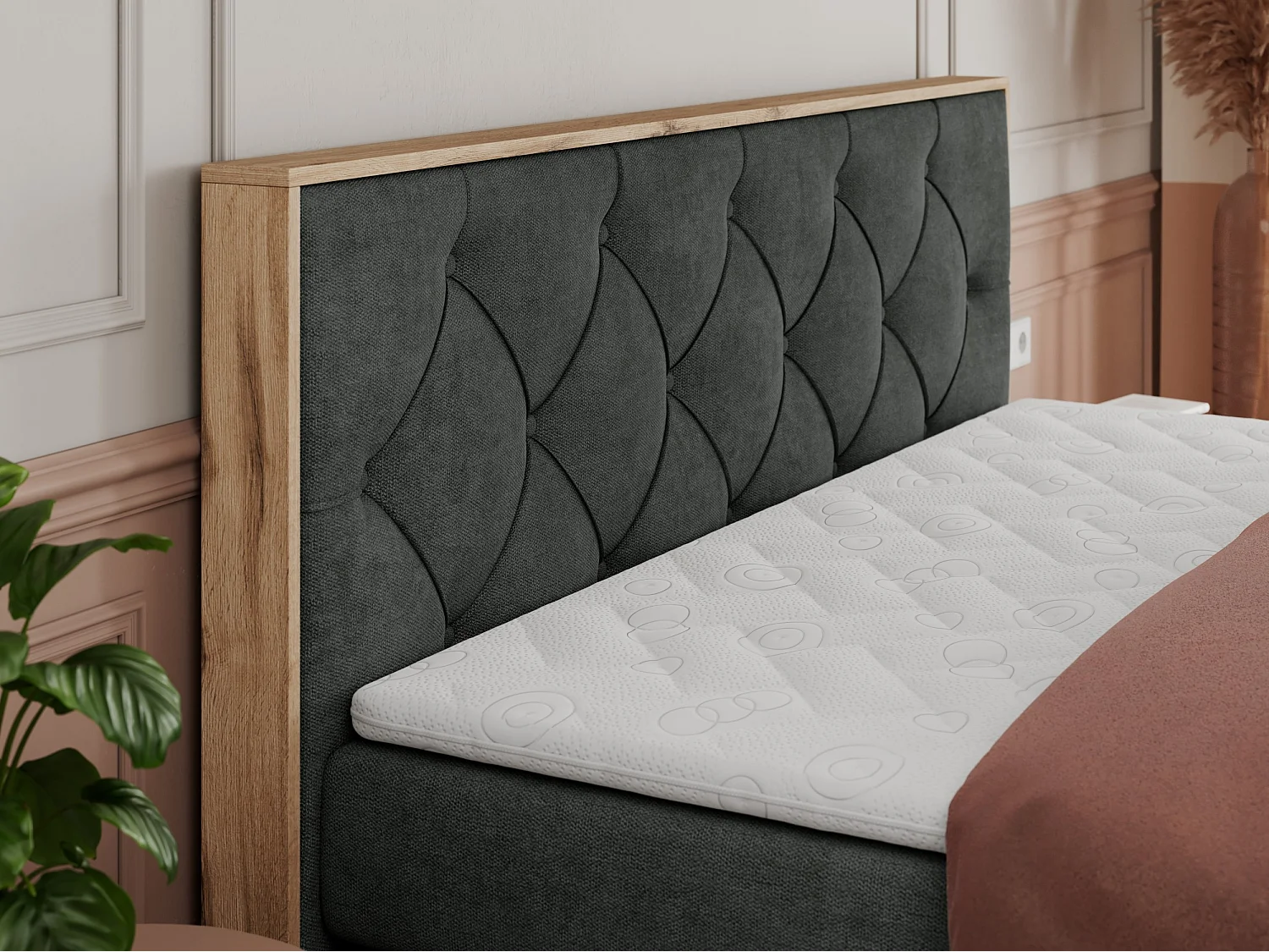 Boxspringbett VENETO KING - Polsterbett mit Multipocket-Matratzen und Kopfteil, Holzrahmen, zwei Bettkästen - 180x200 cm - H3 - Dunkelgrau Strukture