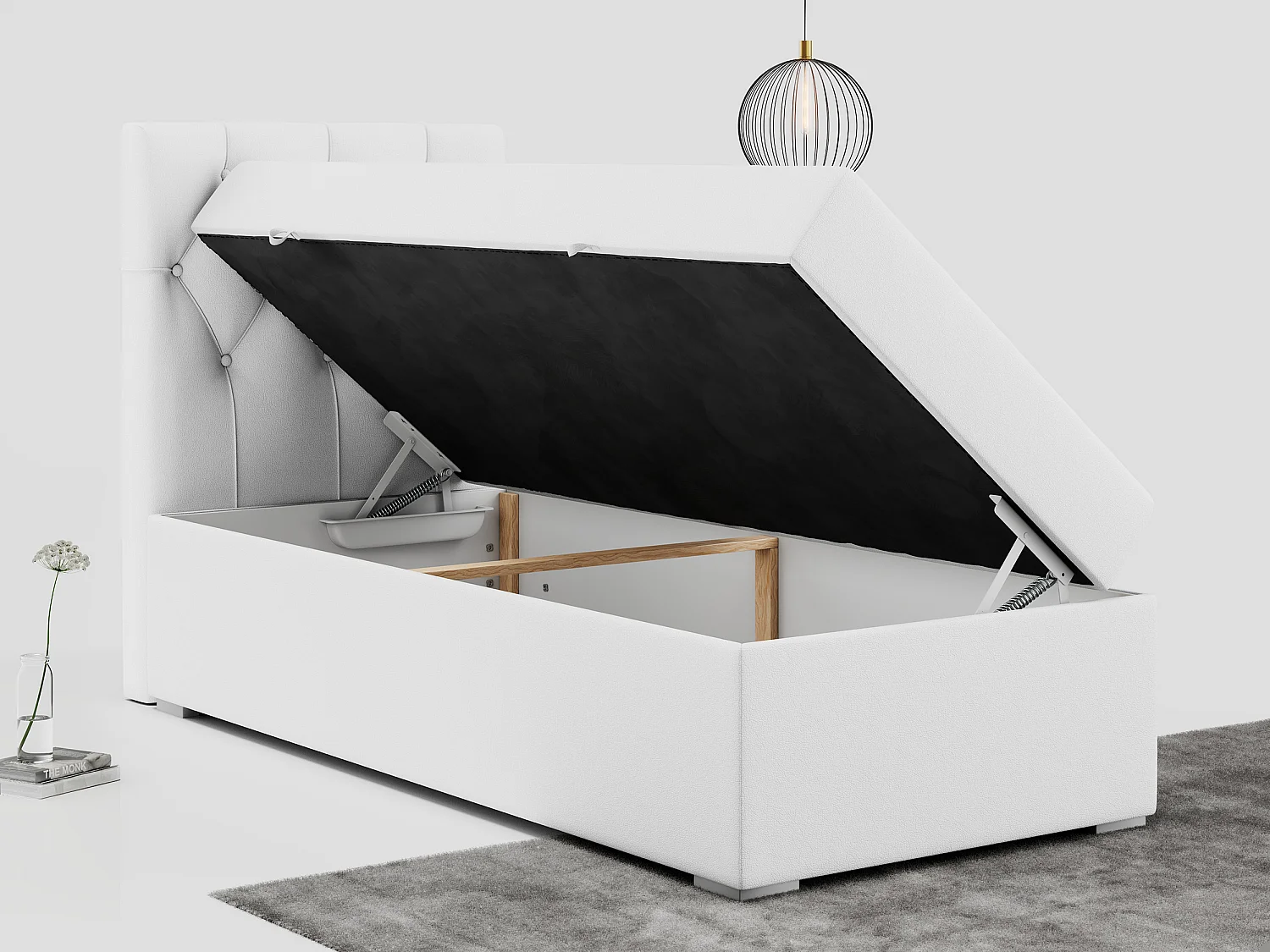 Boxspringbett ALDA - Einzelbett mit gestepptem Kopfteil, Multipocket-Matratze und Topper, Bettkasten - 90x200 cm - H4 - Weiß Kunstleder - Links Seite