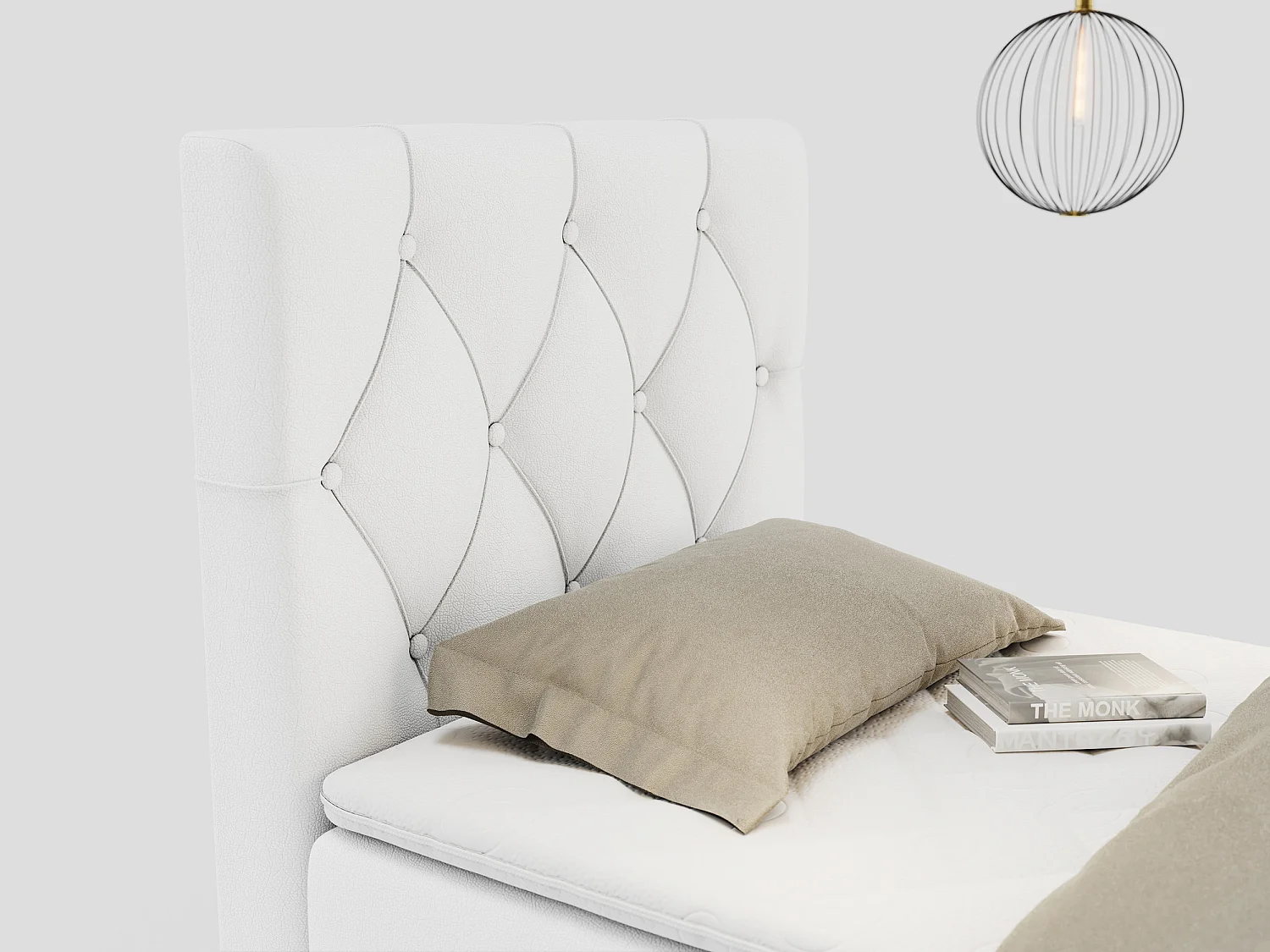 Boxspringbett ALDA - Einzelbett mit gestepptem Kopfteil, Multipocket-Matratze und Topper, Bettkasten - 90x200 cm - H4 - Weiß Kunstleder - Links Seite