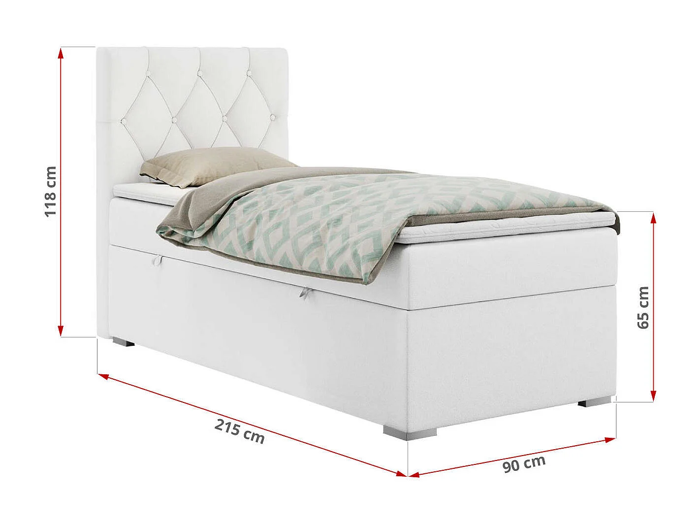 Boxspringbett ALDA - Einzelbett mit gestepptem Kopfteil, Multipocket-Matratze und Topper, Bettkasten - 90x200 cm - H4 - Weiß Kunstleder - Links Seite