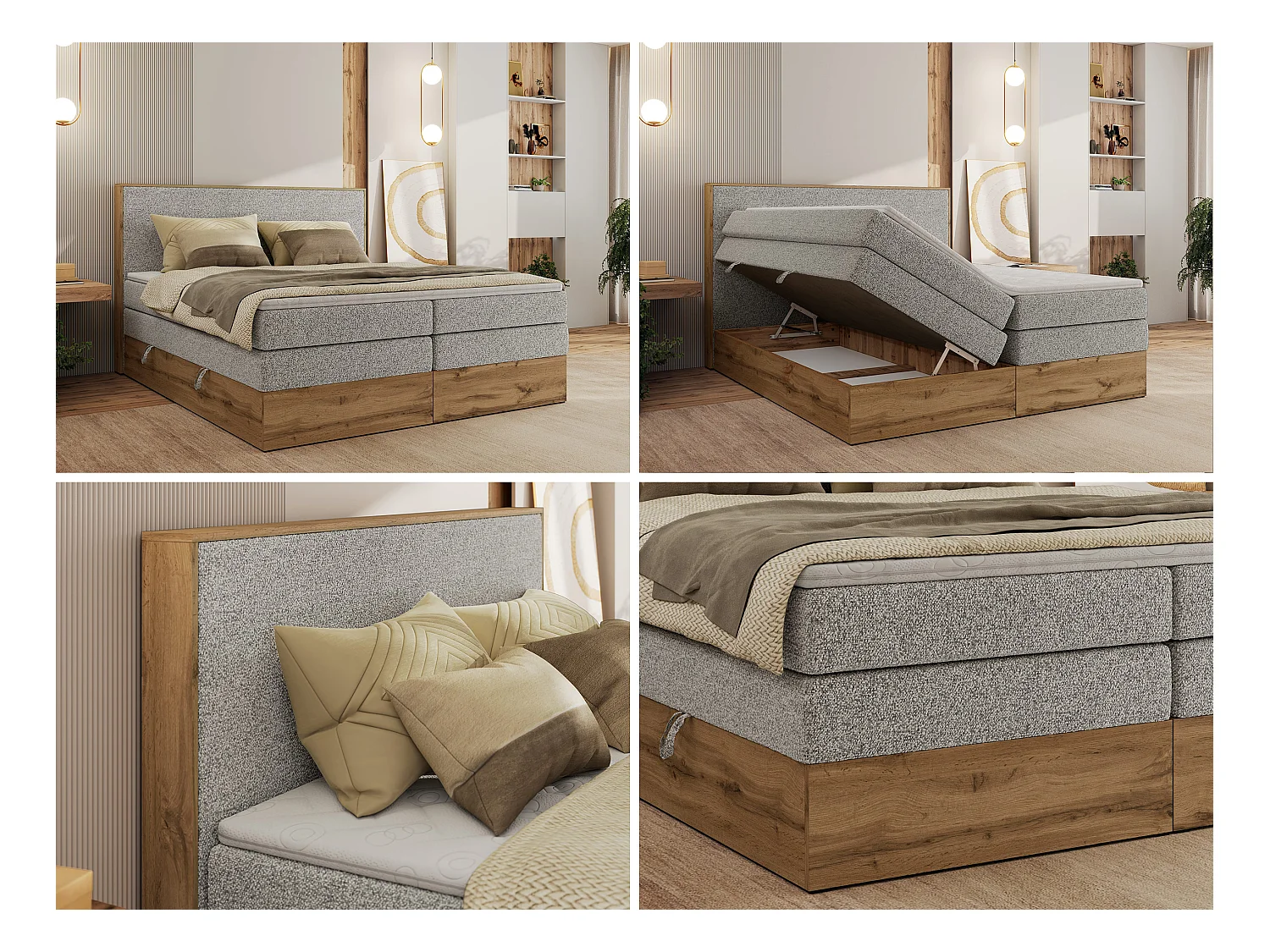Boxspringbett WOOD CLASSIC KING - Polsterbett mit hohe Kopfteil, zwei Multipocket-Matratze, Bettkästen - 180x200 cm - H4 - Hellgrau Strukture