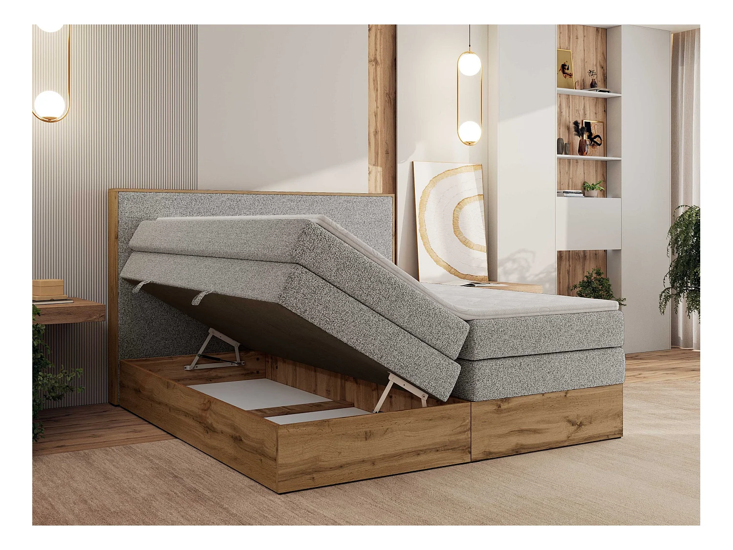 Boxspringbett WOOD CLASSIC KING - Polsterbett mit hohe Kopfteil, zwei Multipocket-Matratze, Bettkästen - 180x200 cm - H4 - Hellgrau Strukture