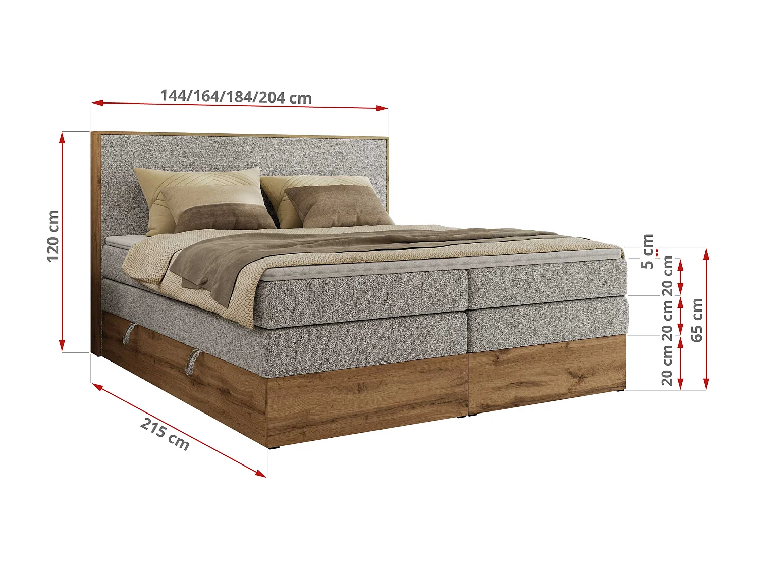 Boxspringbett WOOD CLASSIC KING - Polsterbett mit hohe Kopfteil, zwei Multipocket-Matratze, Bettkästen - 180x200 cm - H4 - Hellgrau Strukture