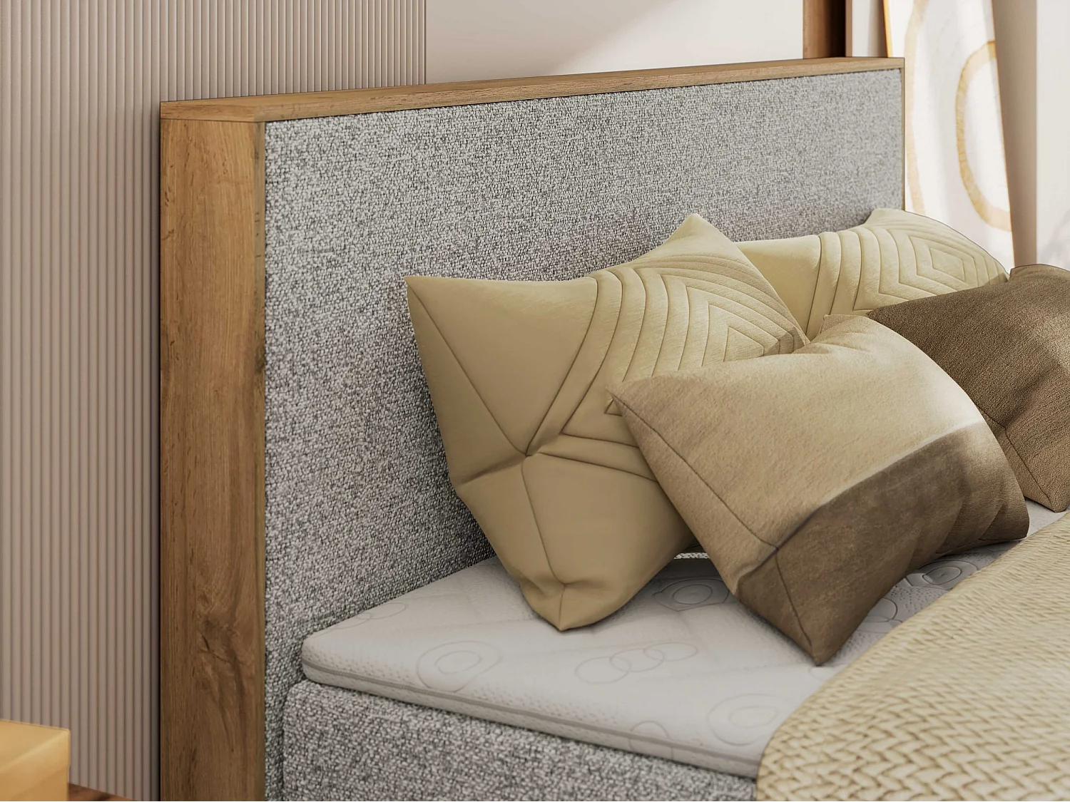 Boxspringbett WOOD CLASSIC KING - Polsterbett mit hohe Kopfteil, zwei Multipocket-Matratze, Bettkästen - 180x200 cm - H4 - Hellgrau Strukture