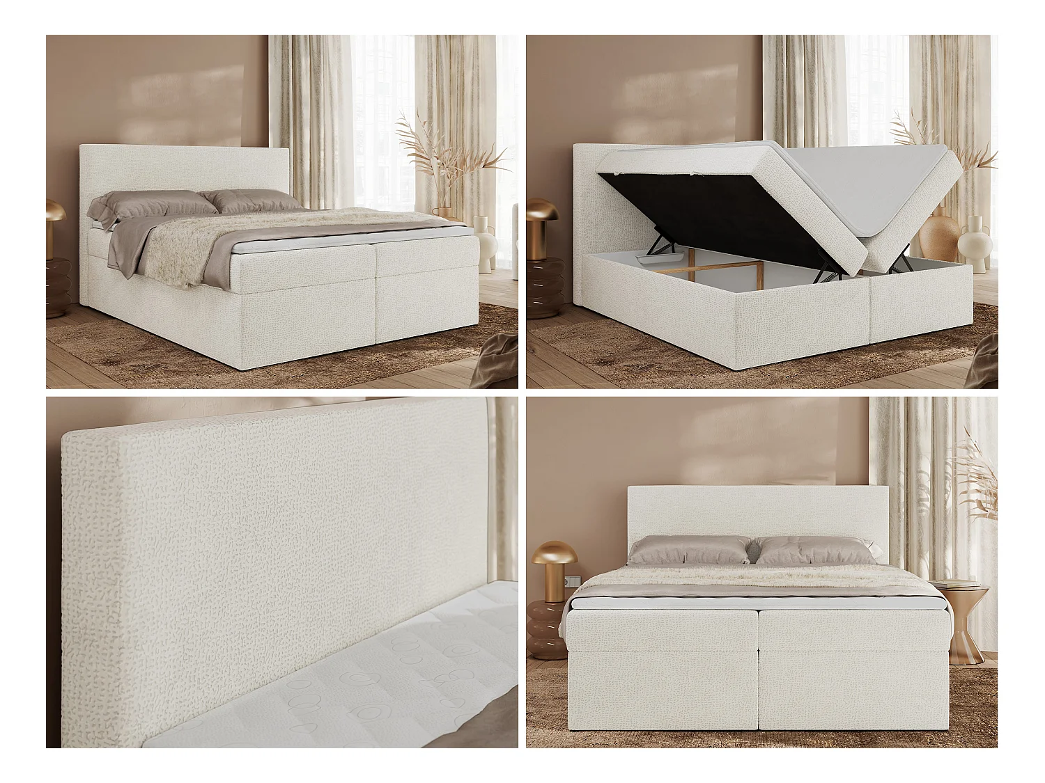 Boxspringbett JAGUAR - Doppelbett mit Multipocket-Matratze und Topper, Struktur dekostoff, zwei Bettkästen - 140x200 cm - H4 - Creme Struktur