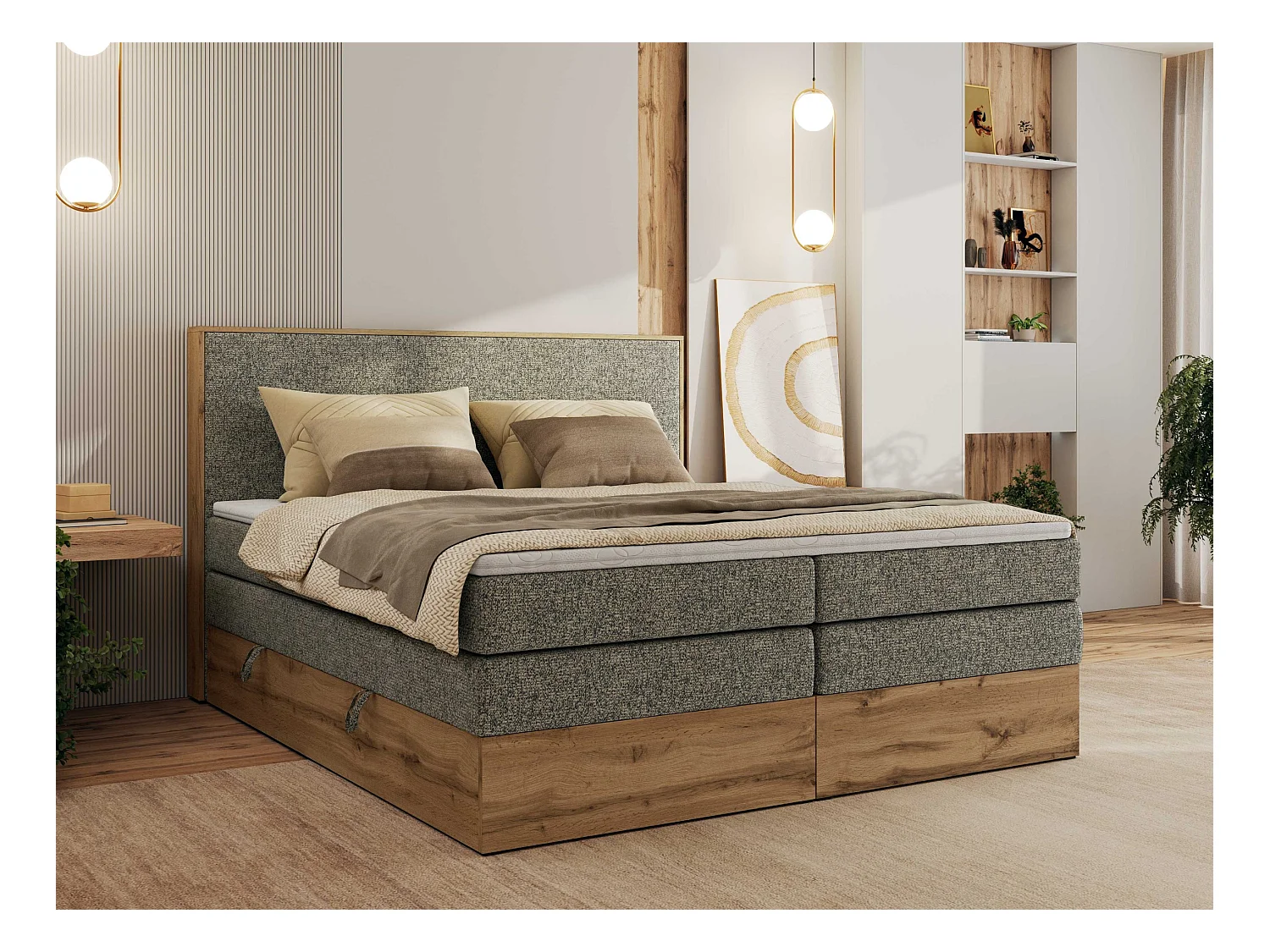 Boxspringbett WOOD CLASSIC KING - Polsterbett mit hohe Kopfteil, zwei Multipocket-Matratze, Bettkästen - 180x200 cm - H3 - Grau Strukture