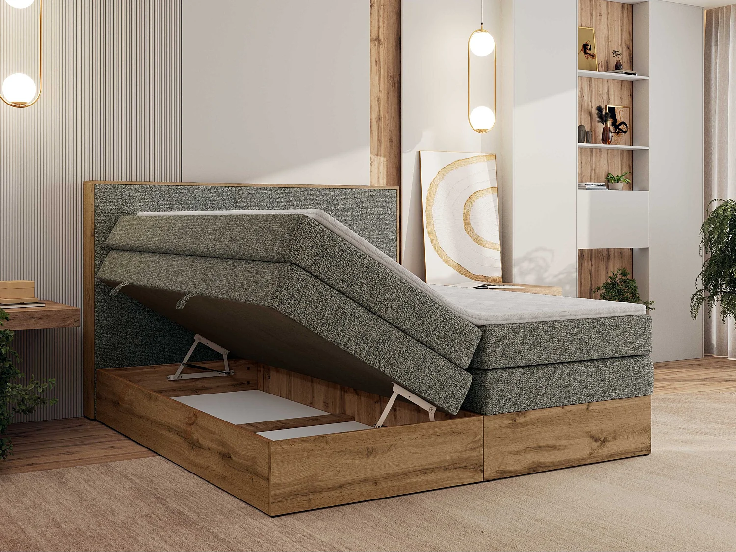 Boxspringbett WOOD CLASSIC KING - Polsterbett mit hohe Kopfteil, zwei Multipocket-Matratze, Bettkästen - 180x200 cm - H3 - Grau Strukture