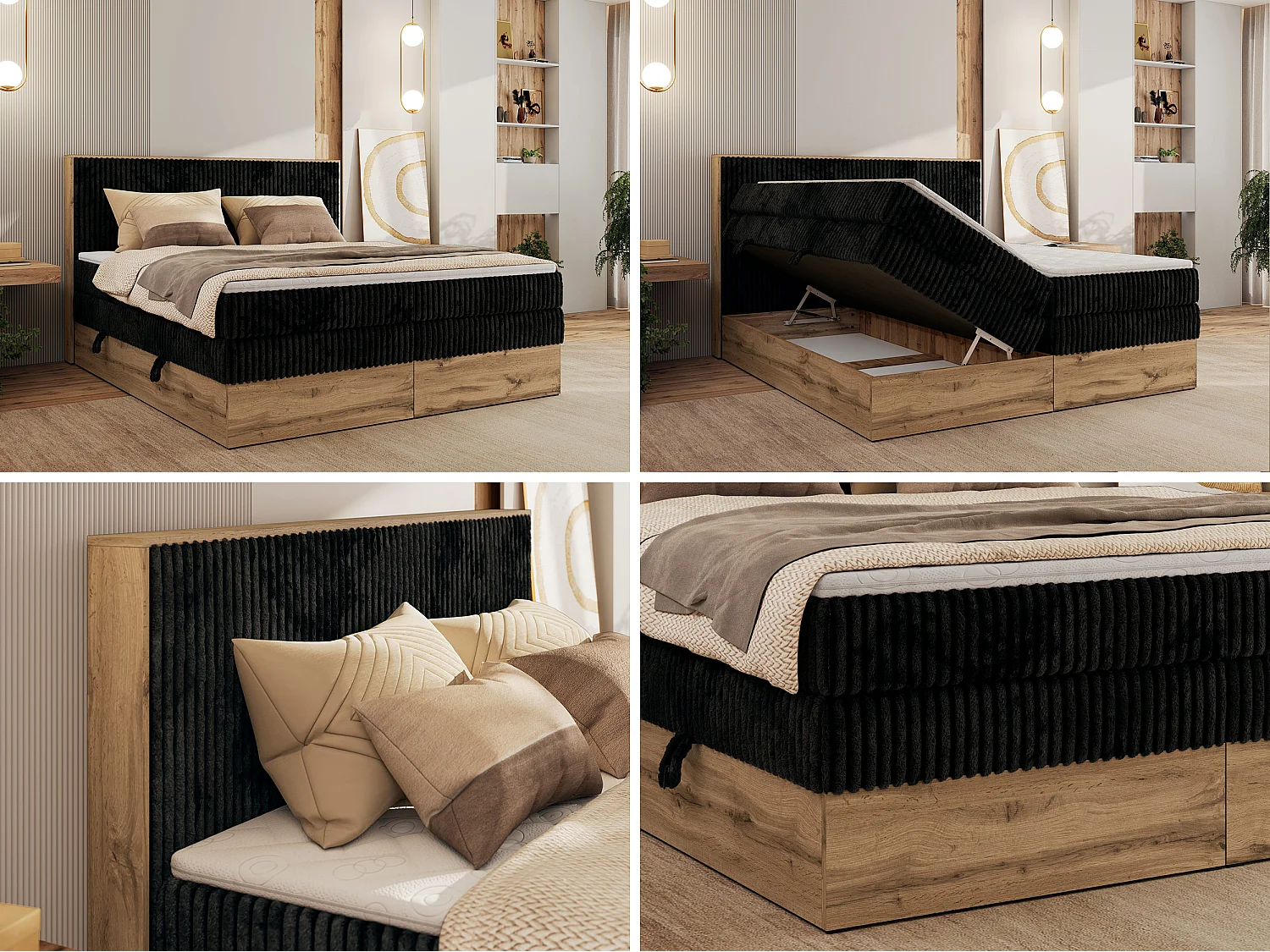 Boxspringbett WOOD CLASSIC KING - Polsterbett mit hohe Kopfteil, zwei Multipocket-Matratze, Bettkästen - 160x200 cm - H4 - Schwarz Cord
