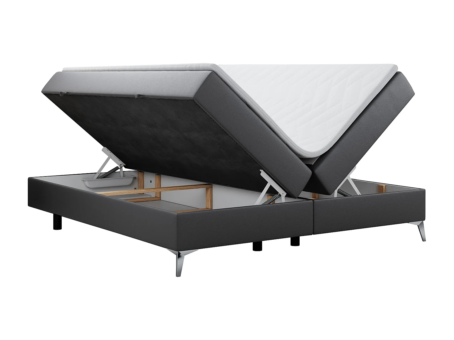 Boxspringbett LESS - Doppelbett mit zwei Bettkästen, 7 Härtezonen Multipocket-Matratzen, hohe Metallbeine - 140x200 cm - H3 - Dunkelgrau Kunstleder