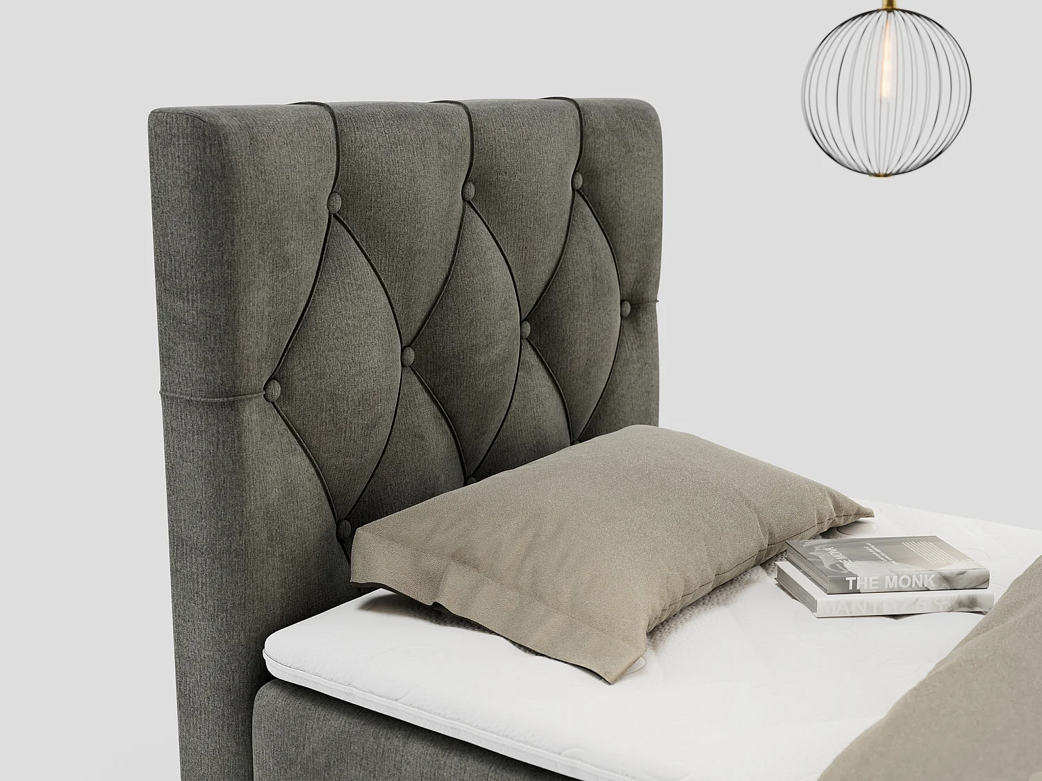 Boxspringbett ALDA - Einzelbett mit gestepptem Kopfteil, Multipocket-Matratze und Topper, Bettkasten - 90x200 cm - H4 - Dunkelgrau Velvet - Links Seite