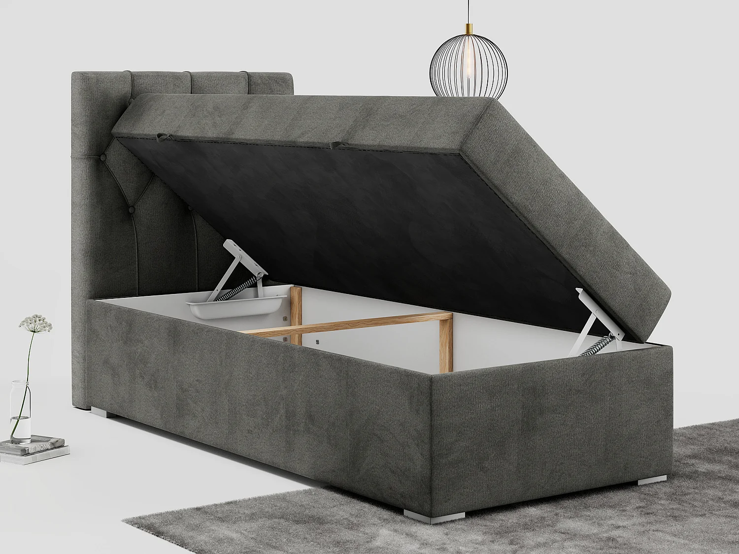 Boxspringbett ALDA - Einzelbett mit gestepptem Kopfteil, Multipocket-Matratze und Topper, Bettkasten - 90x200 cm - H4 - Dunkelgrau Velvet - Links Seite